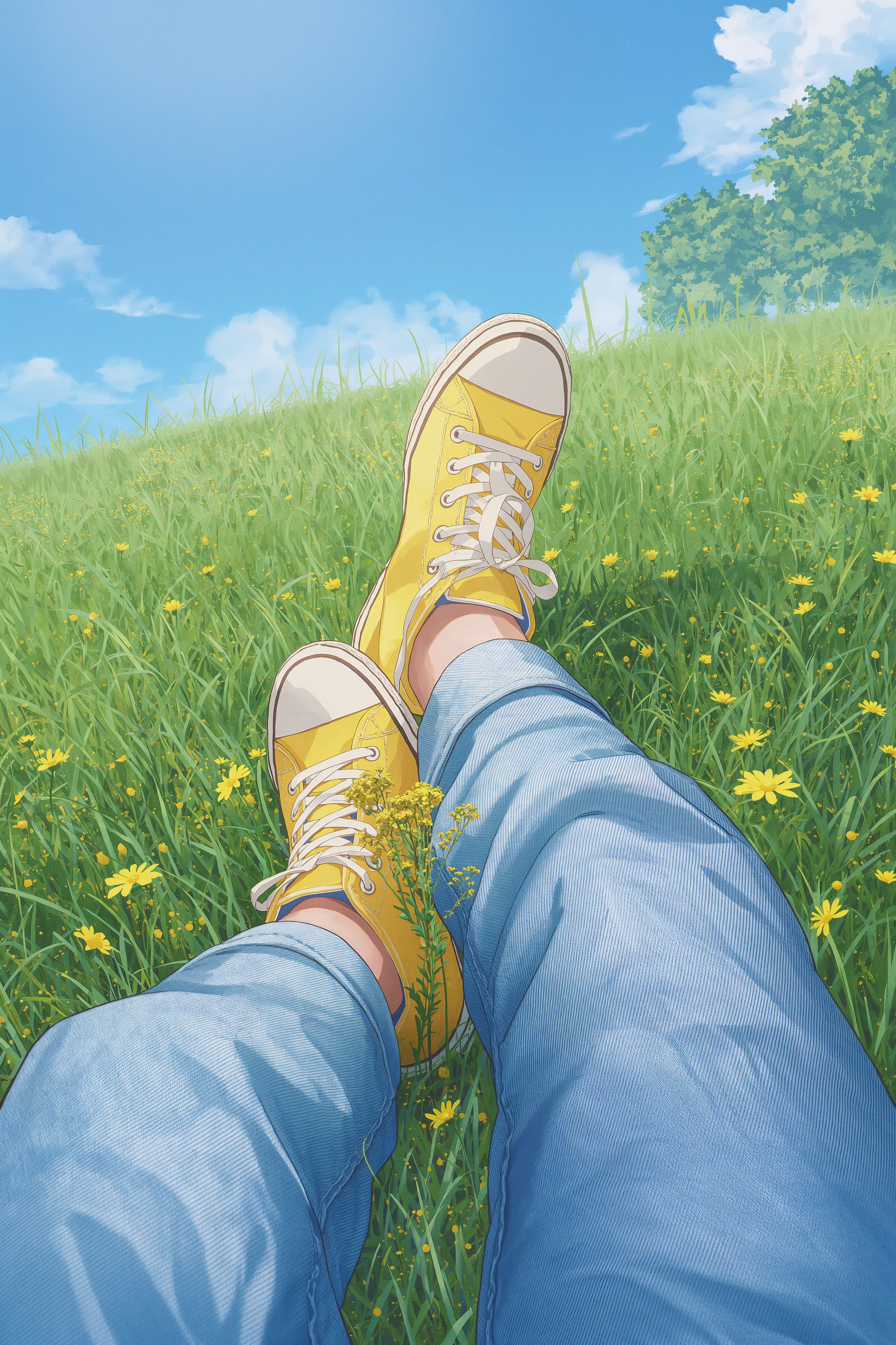 Yellow Sneakers Resting in a Field of Blooms
