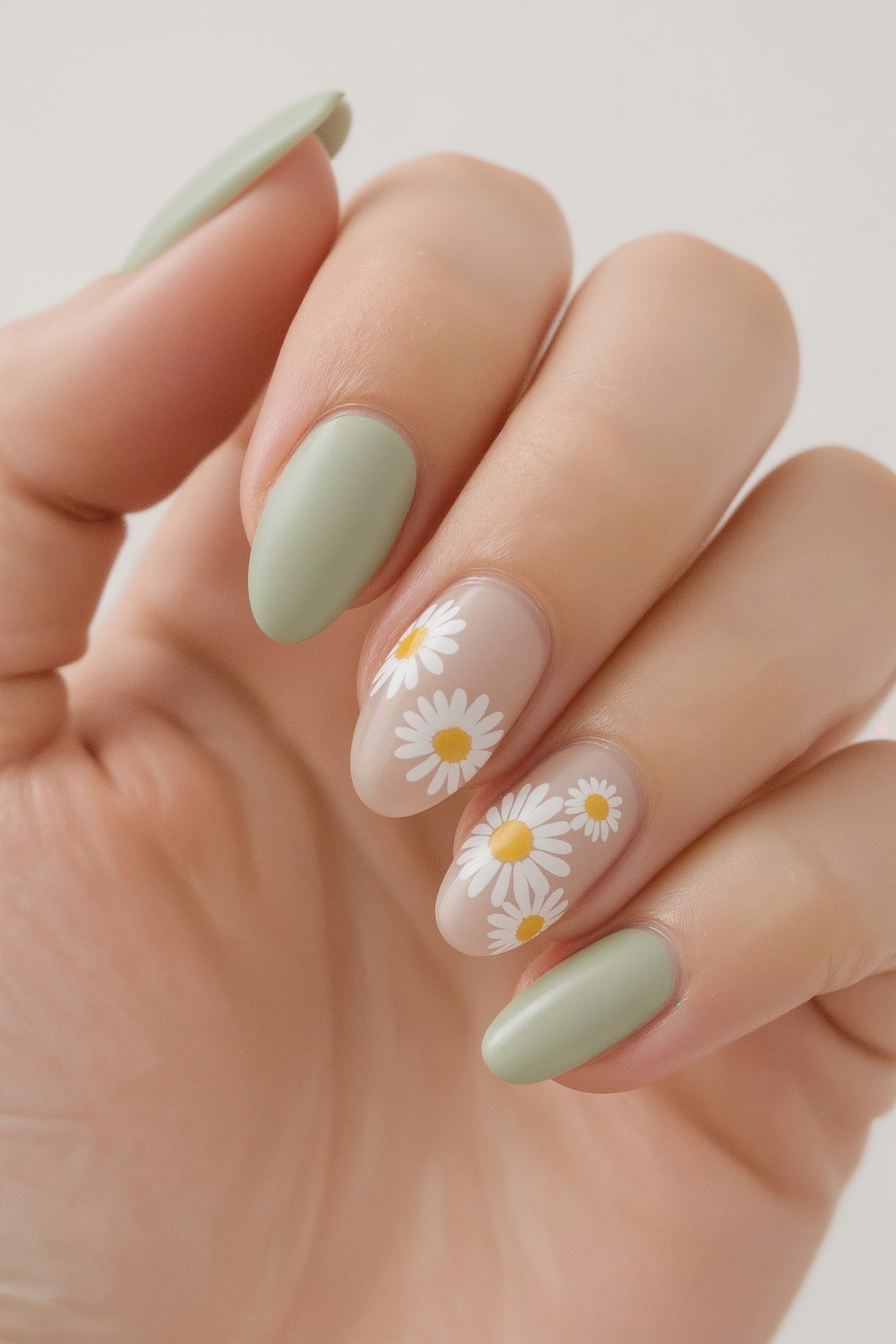 Close-up of sage green and daisy nails