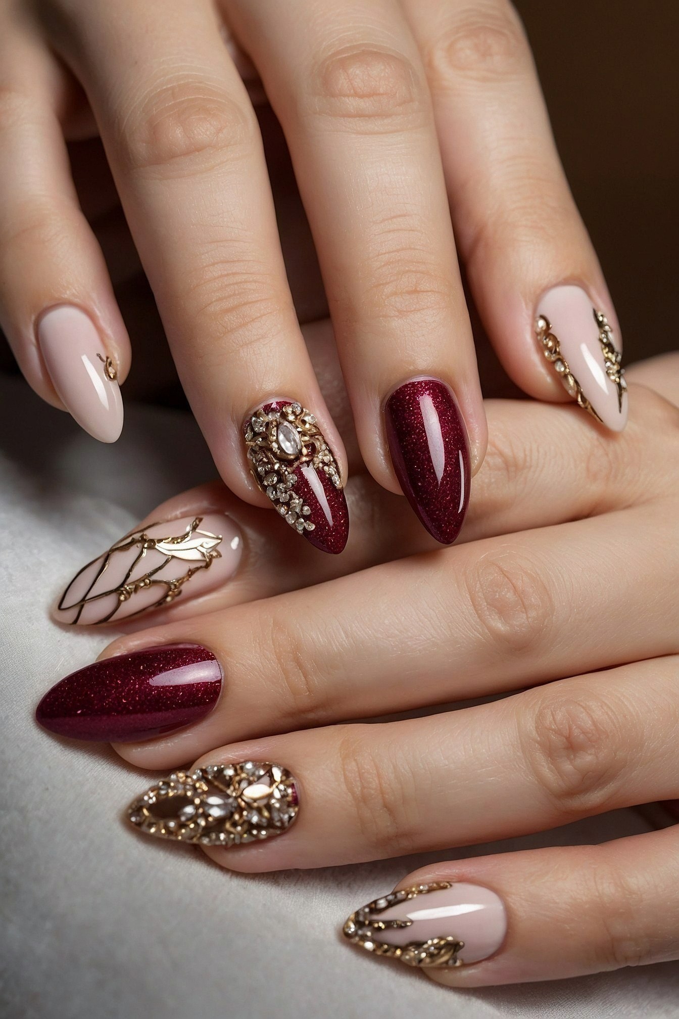 Bejeweled Almond Nails with Burgundy Sparkle