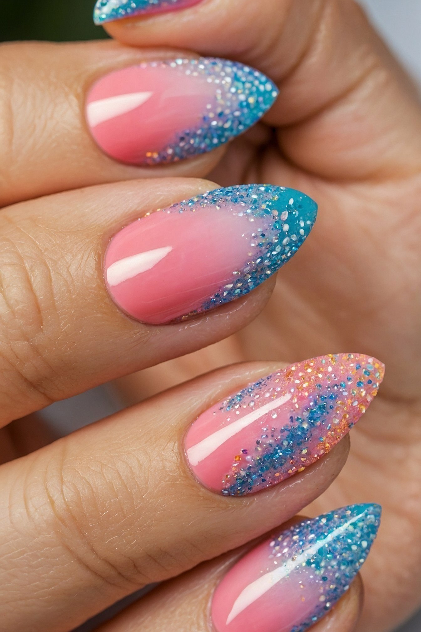 Almond-Shaped Nails With Pink and Blue Glitter Ombre