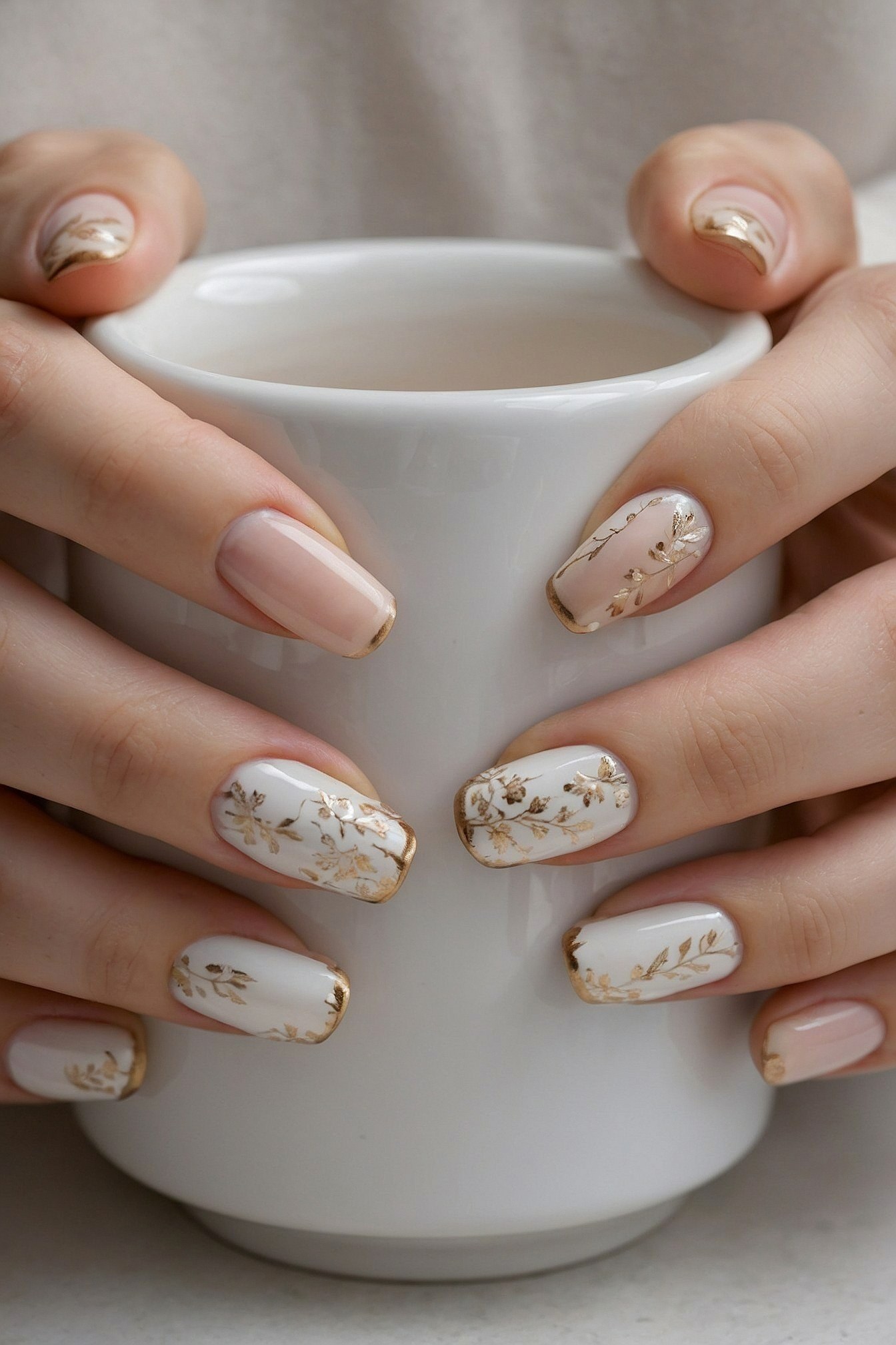 Soft cream and gold floral accents on nails