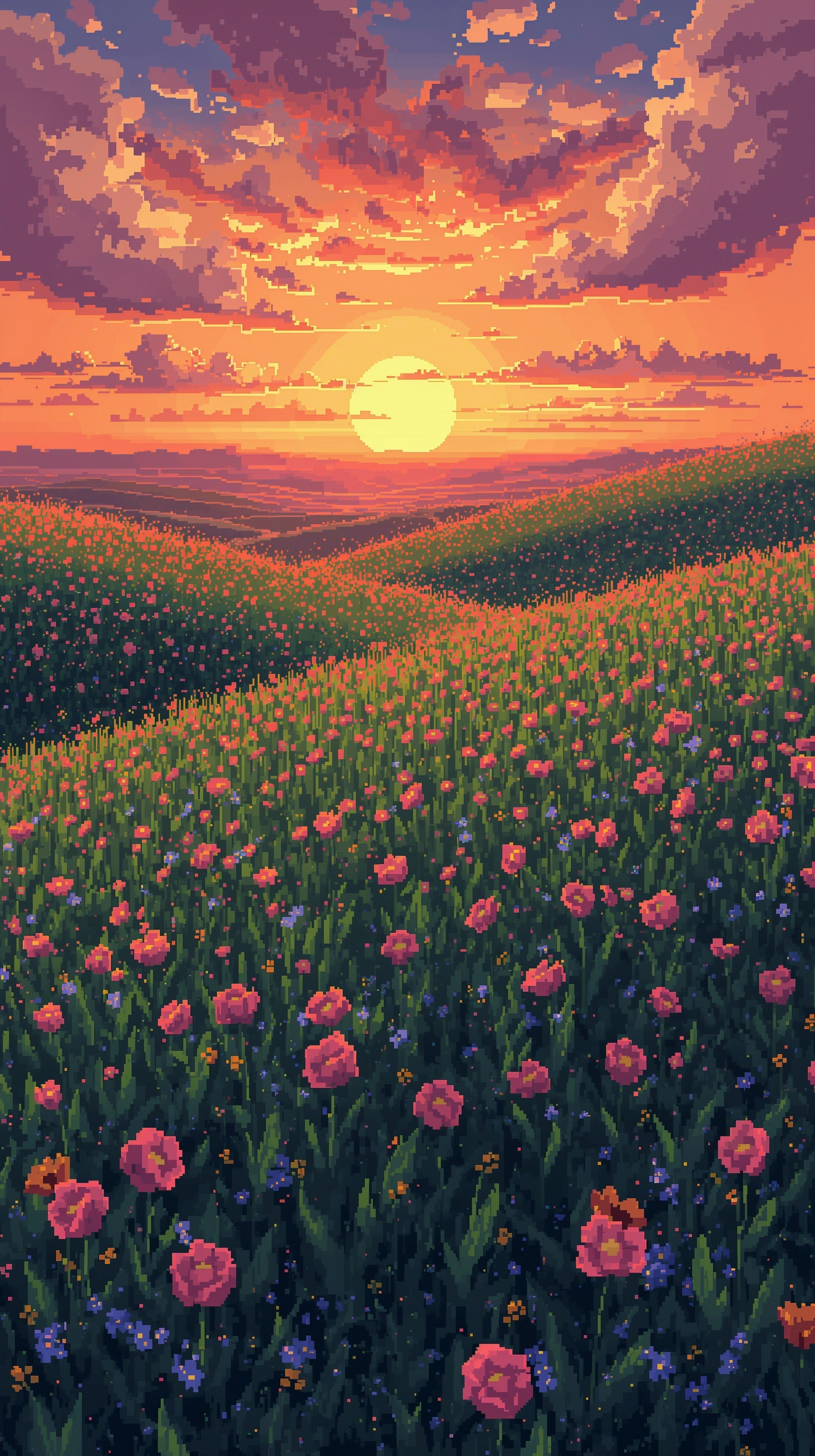 Pixelated sunset over rolling hills of flowers