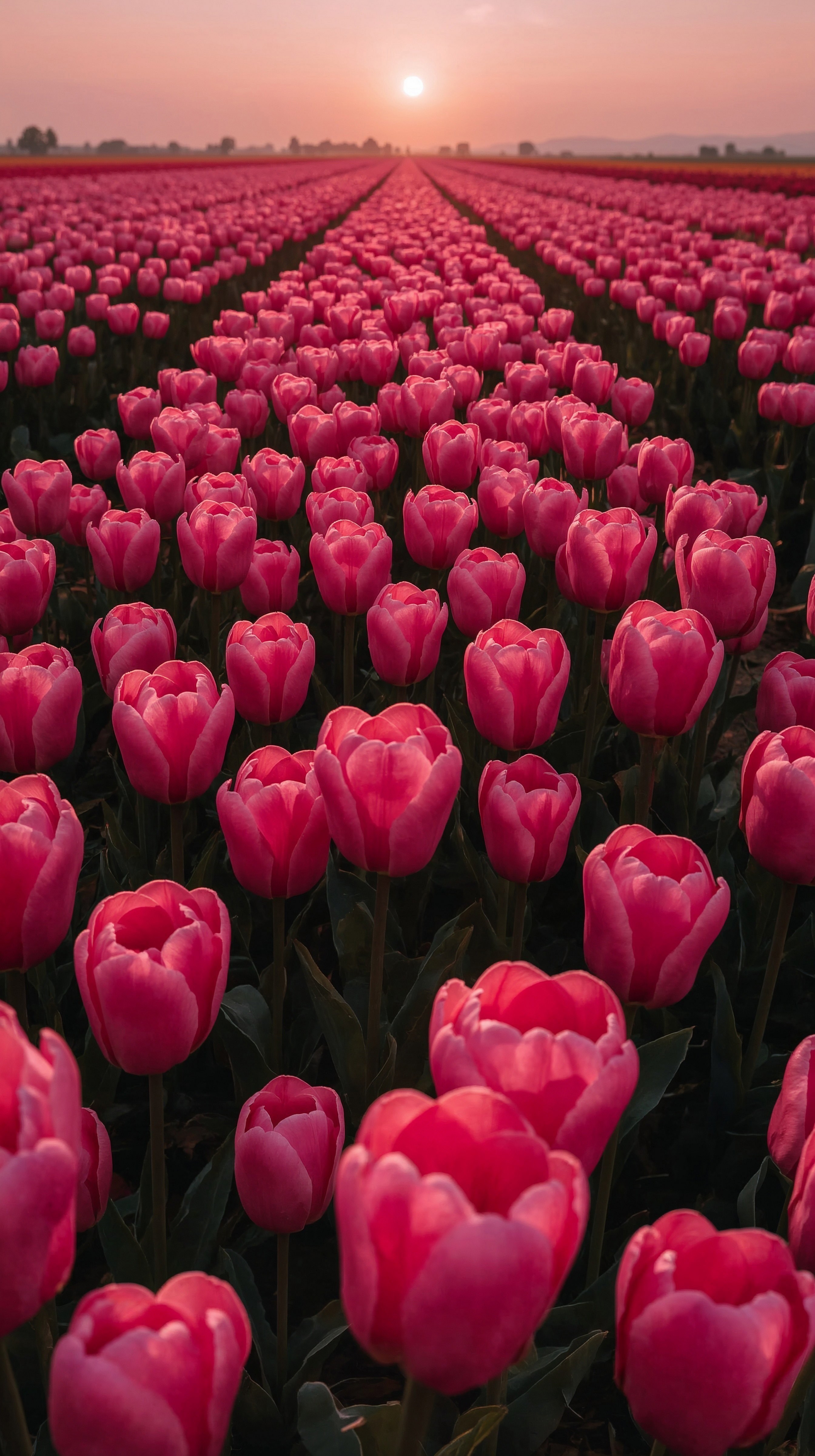 Fields of fuchsia tulips at dusk