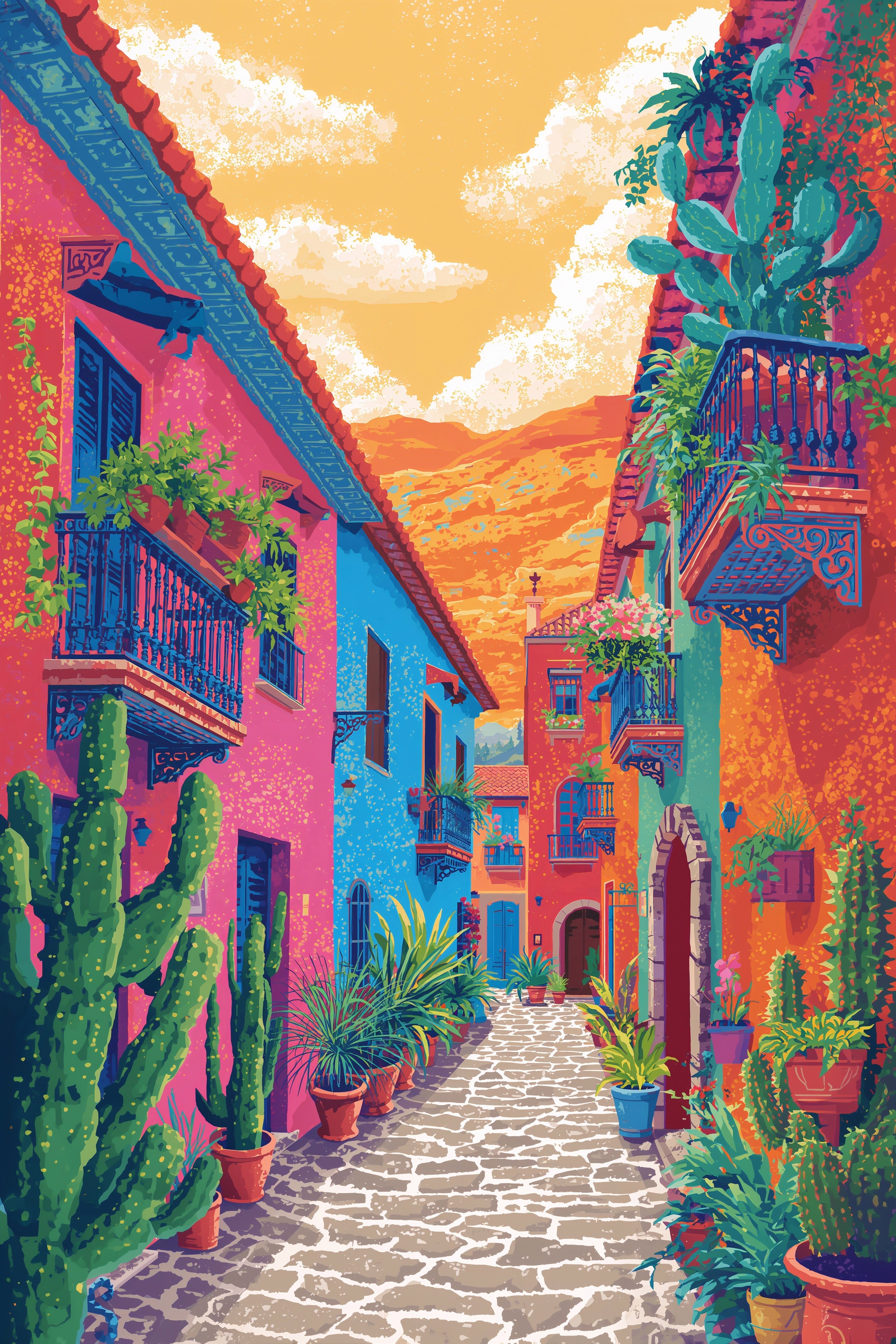 Cobblestone Path Beneath a Vivid Sky