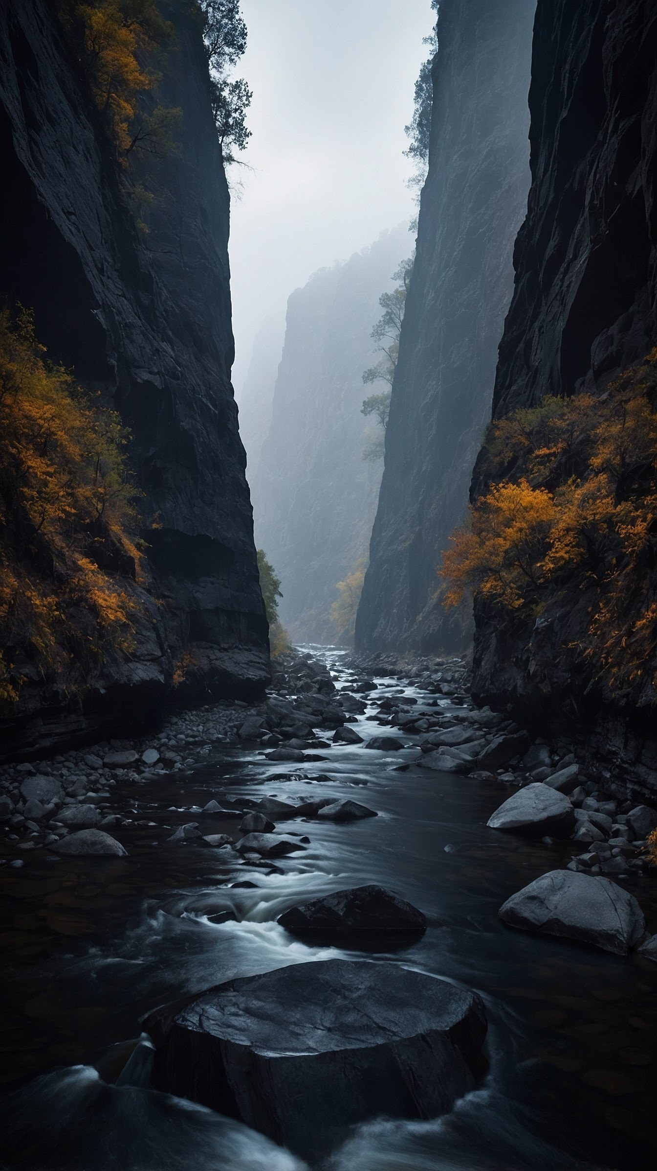 Deep canyon river with golden foliage