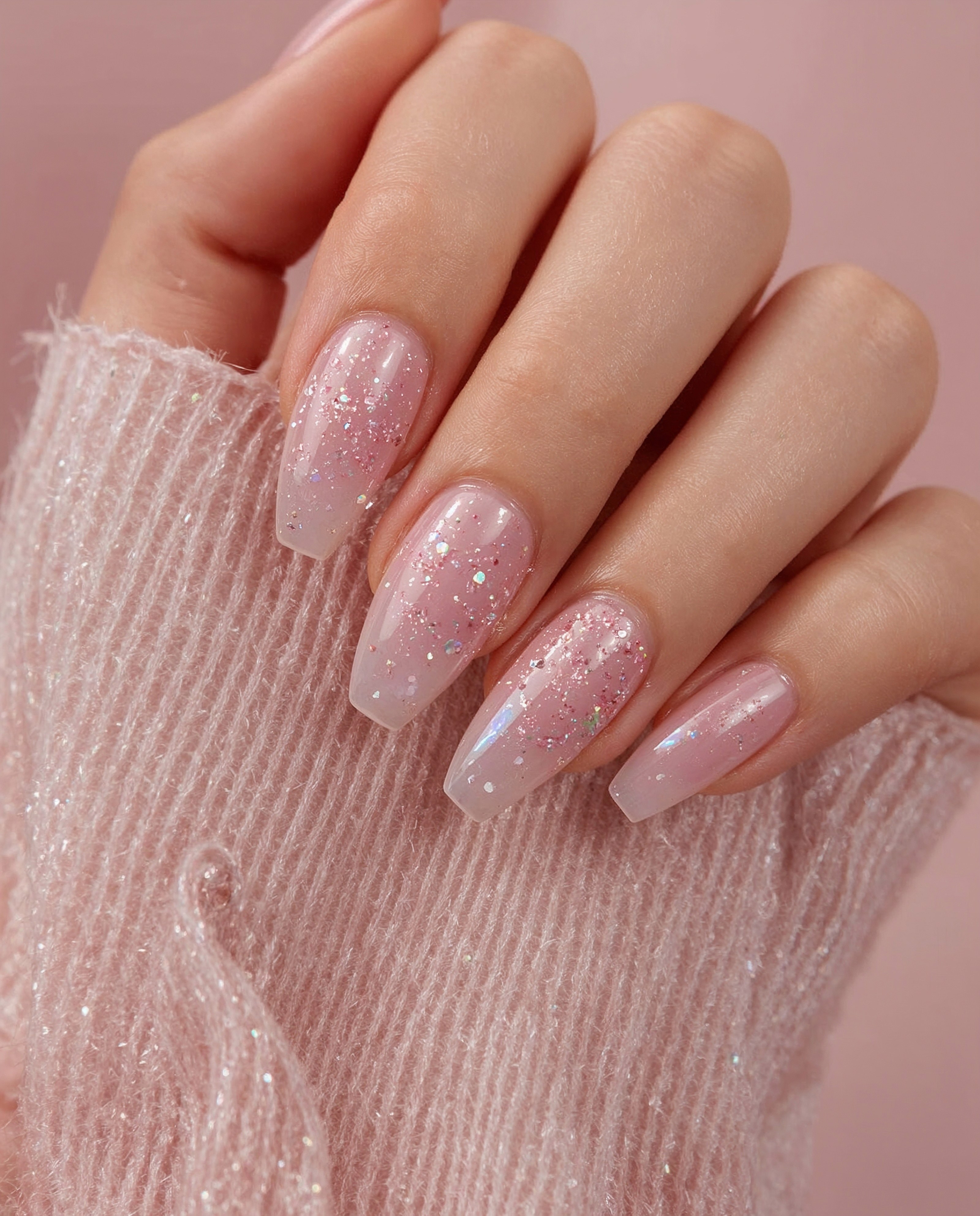 Close-up of Glazed Pink Nails with Glitter