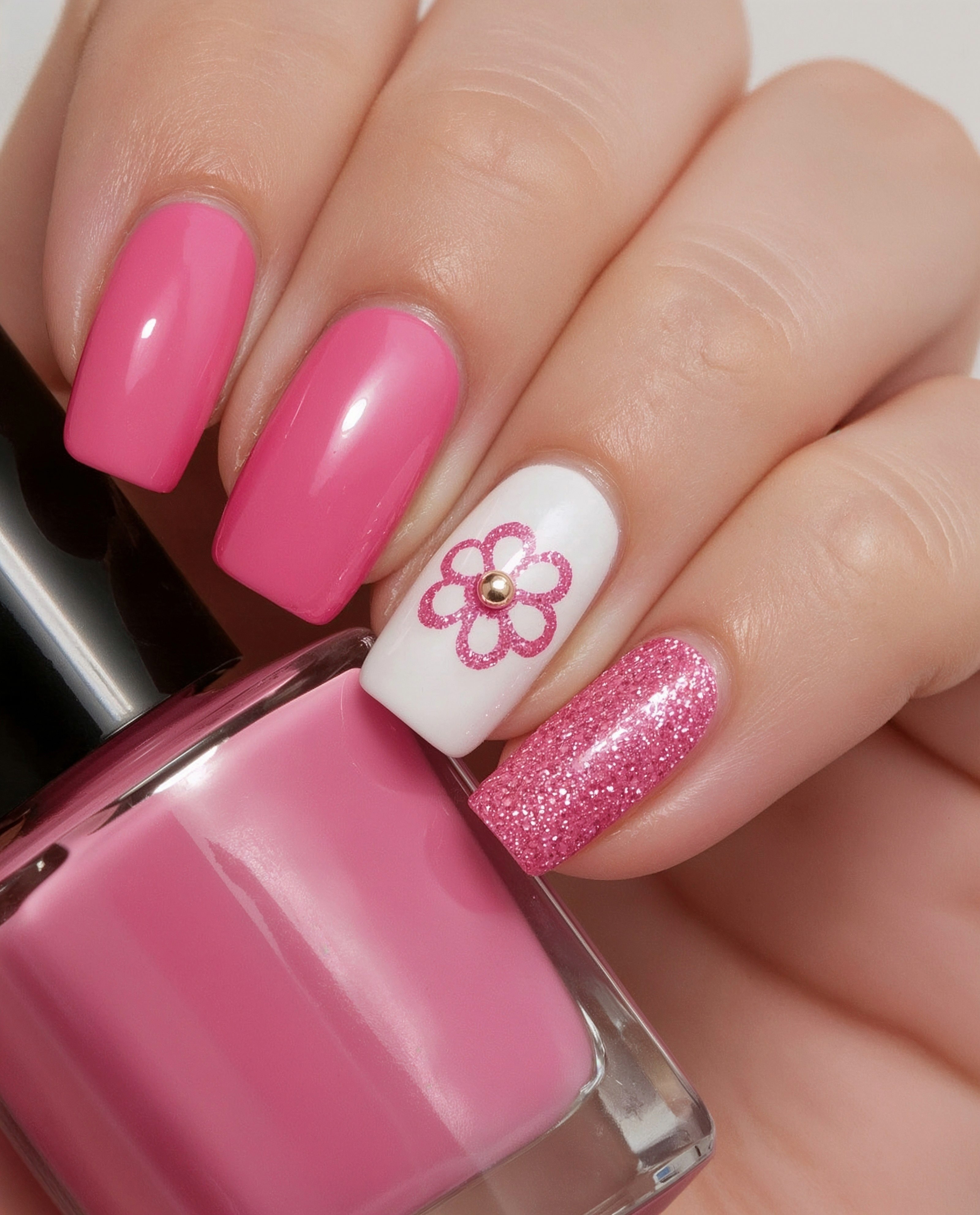 Pink flower nail art with glitter and pearl accent