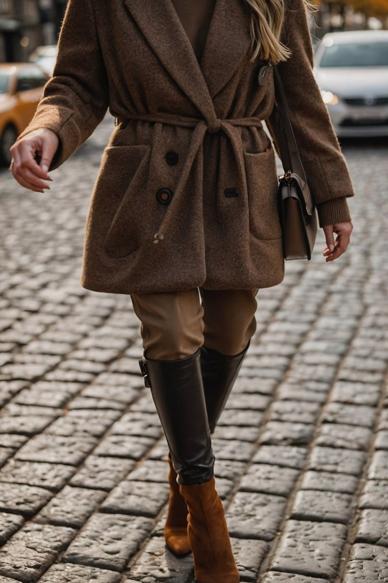 Textured wool coat with a cinched waist