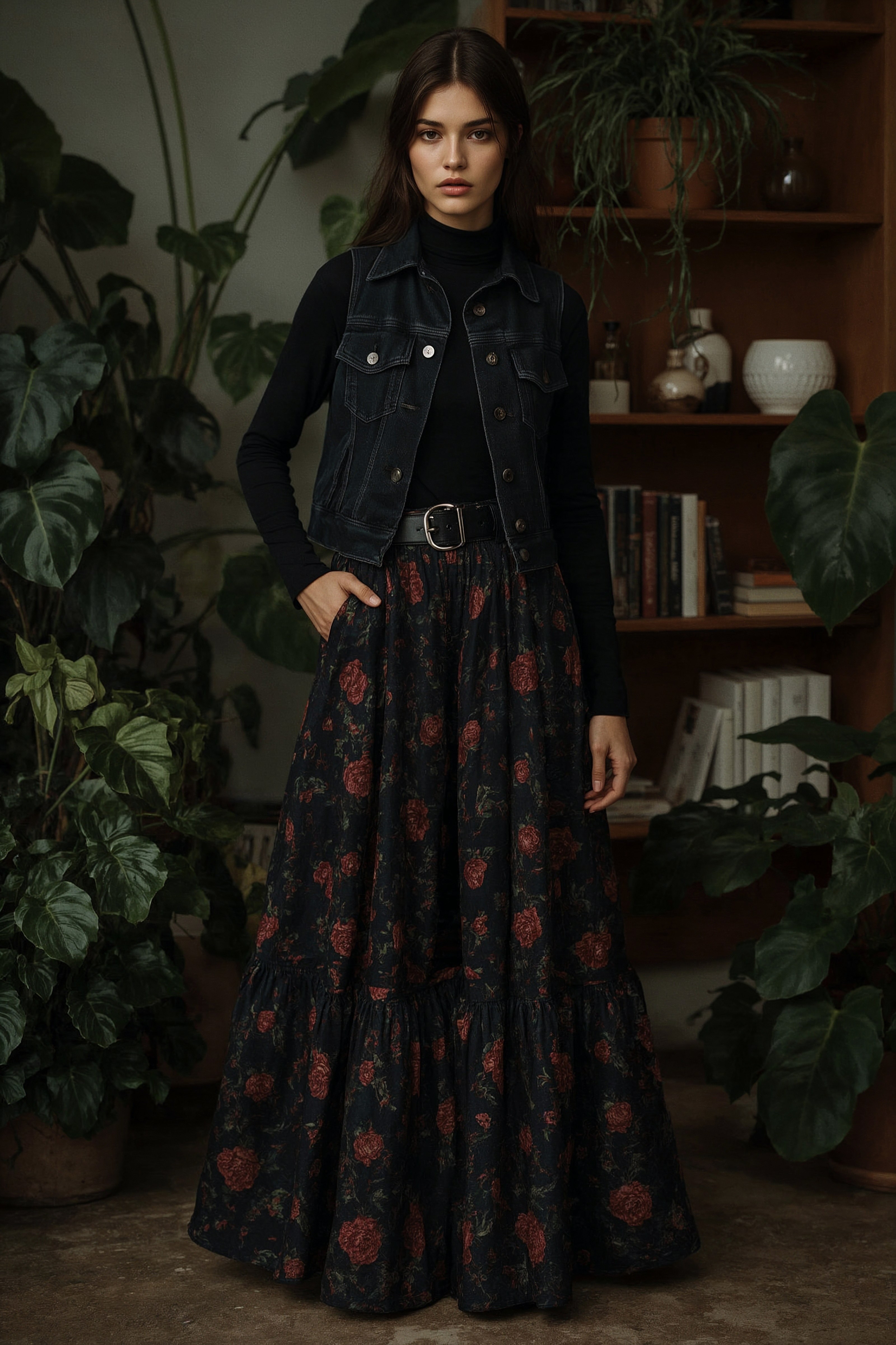 Black Denim Vest with Floral Maxi Skirt