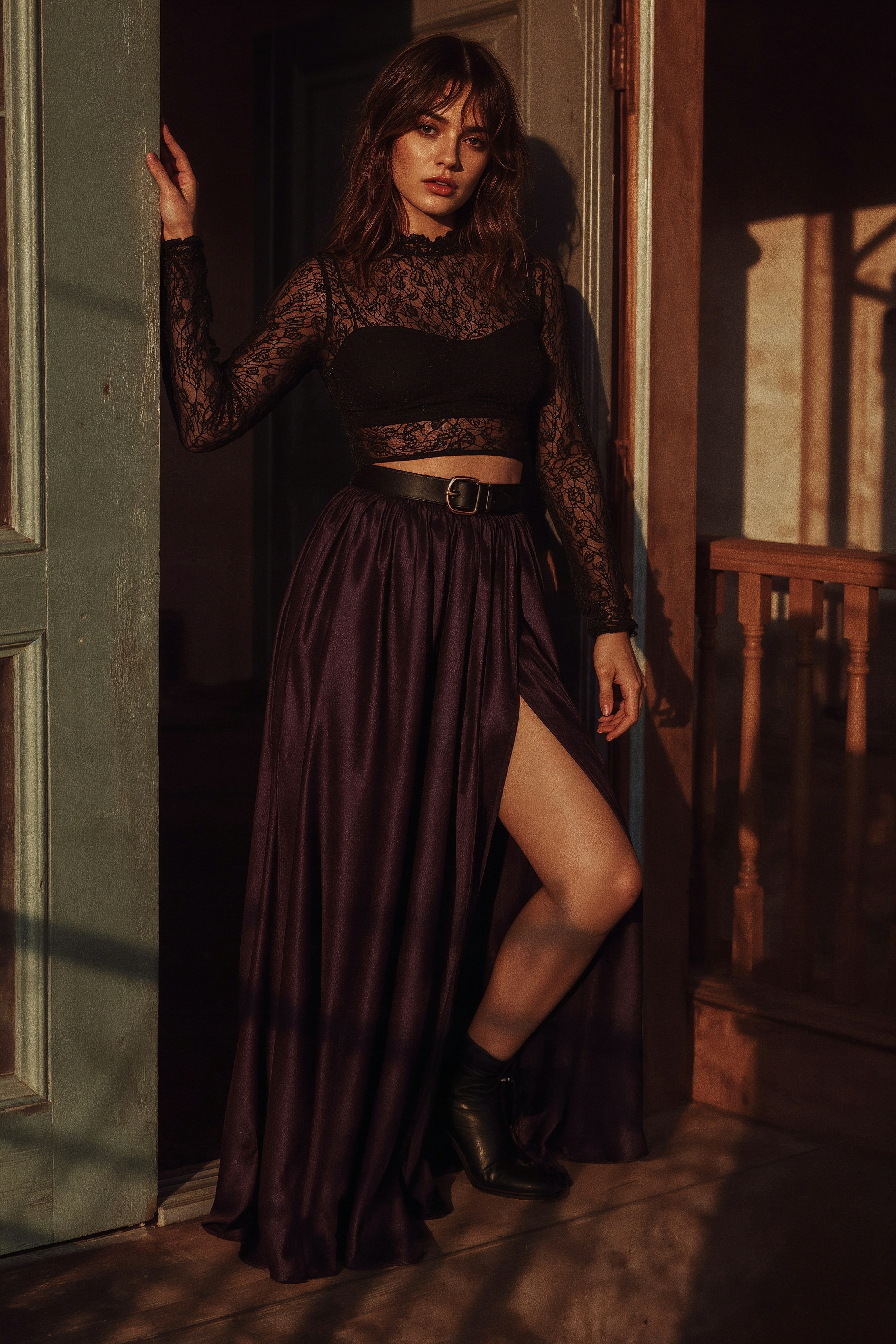 Rich Violet Satin Skirt with Lace Contrast