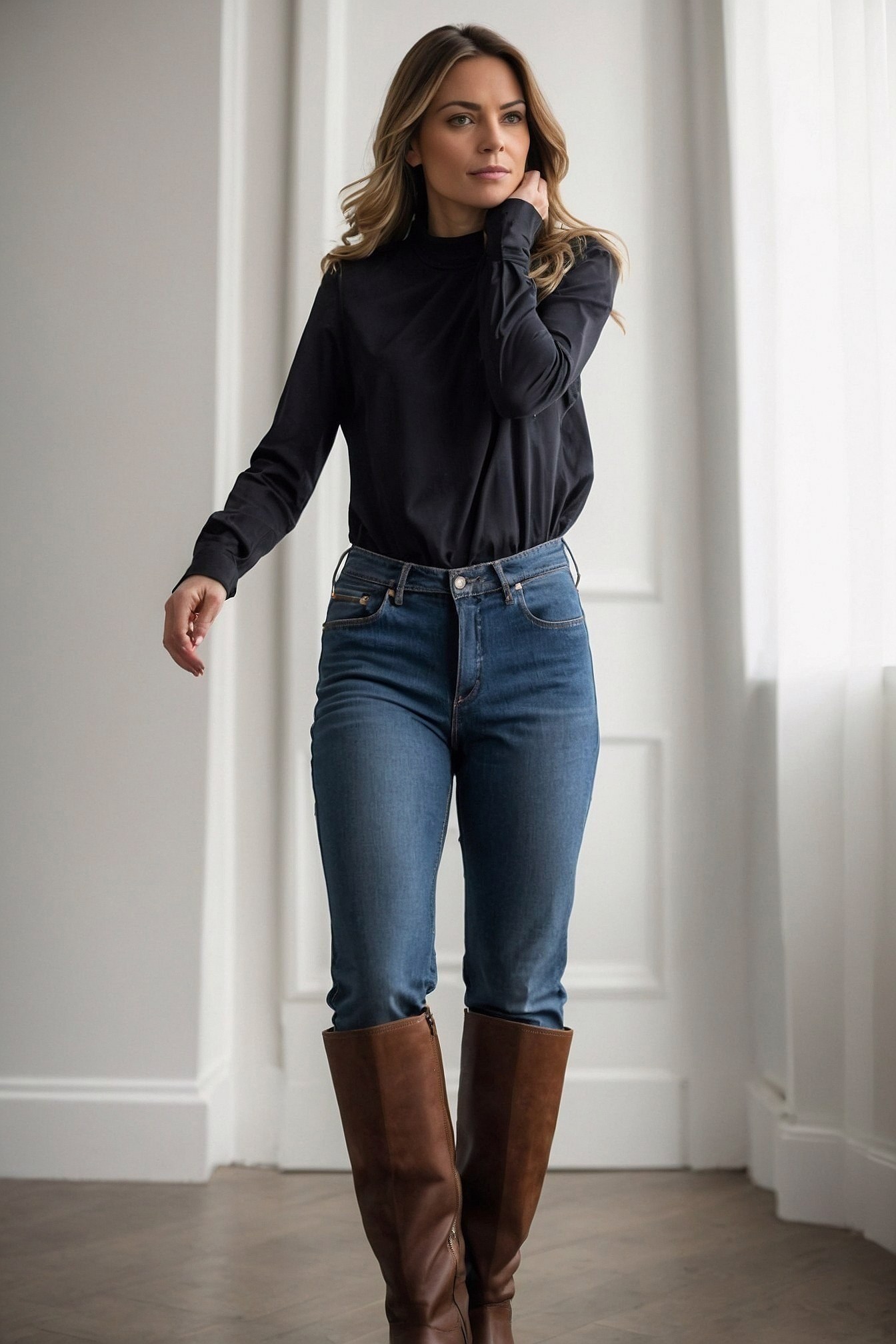 Soft denim curves into rich leather boots