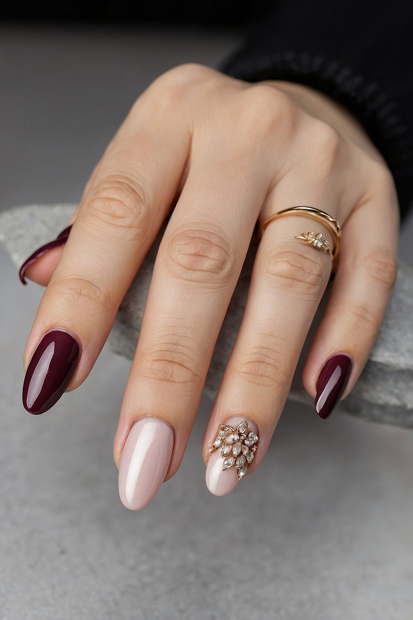 Close Up of Almond Nails with Gem Accents