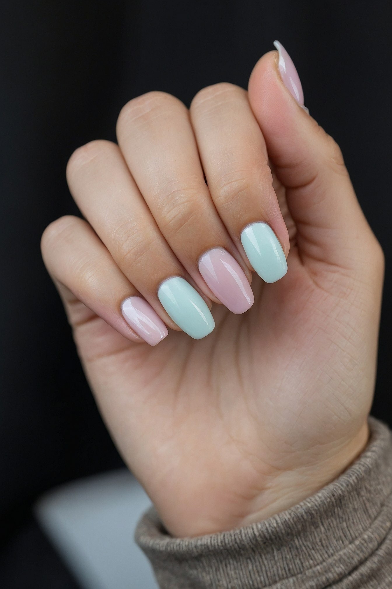 Close-up of pastel almond-shaped gel nails