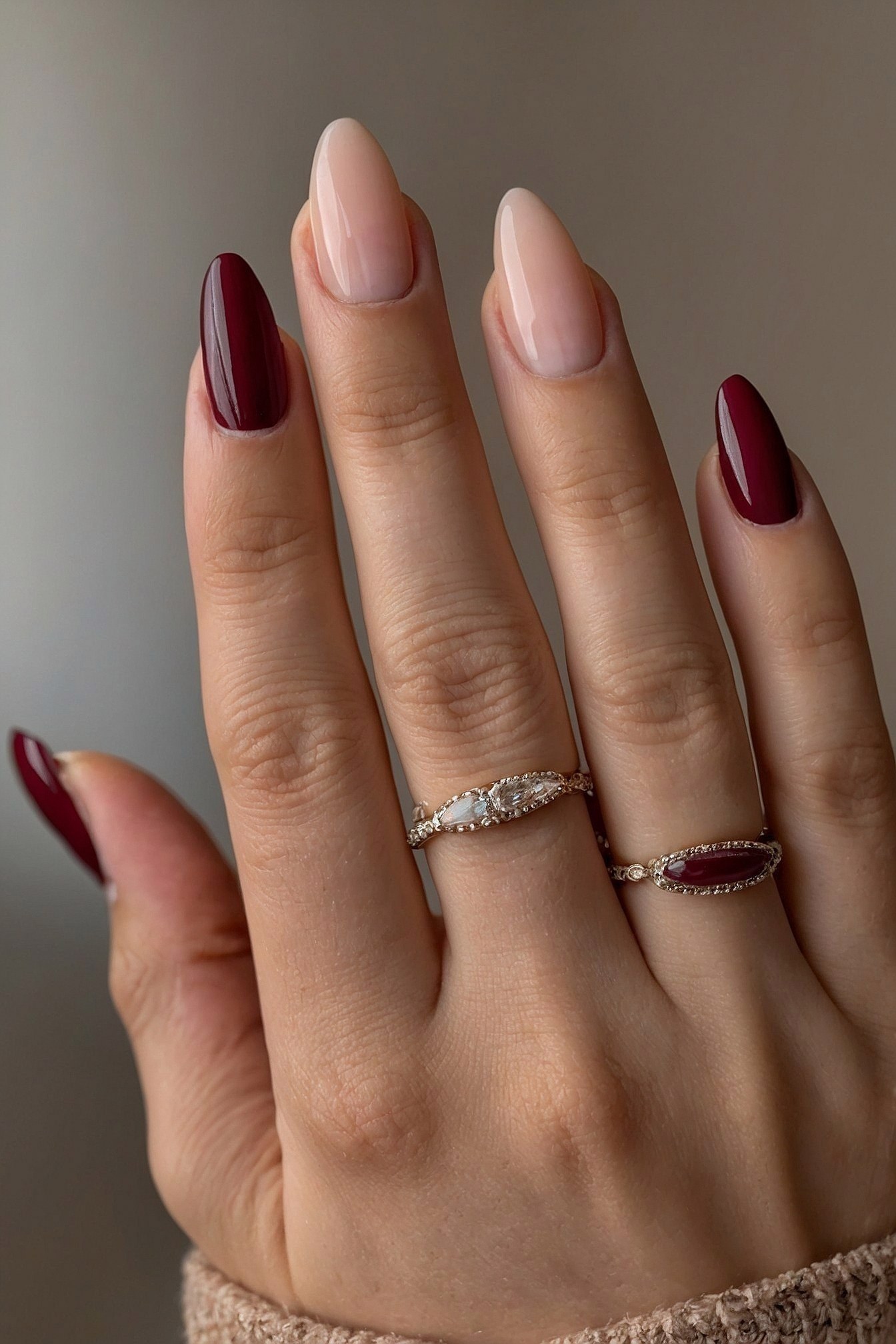 Almond Nails in Deep Red and Nude