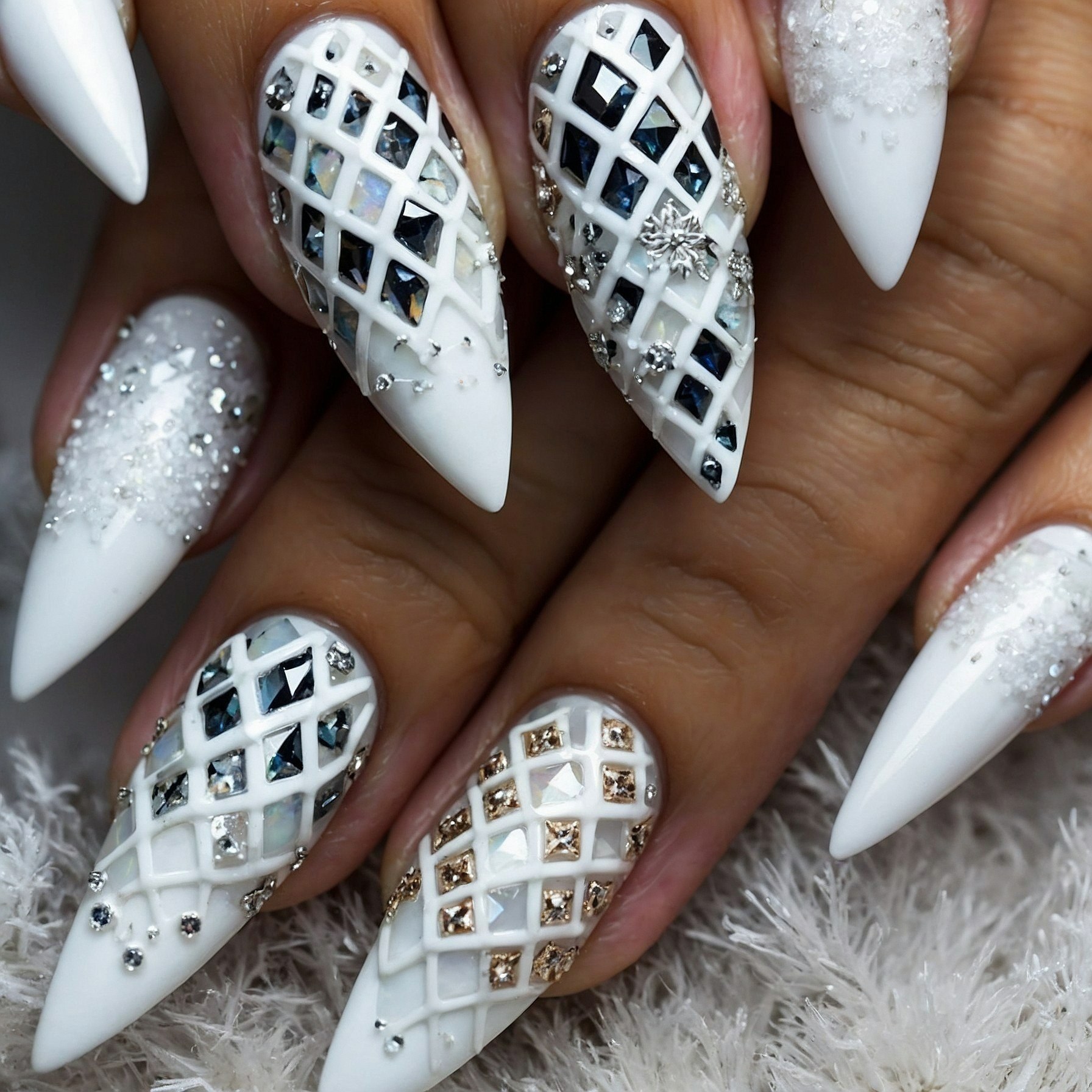Intricate White Stiletto Nails with 3D Gridwork