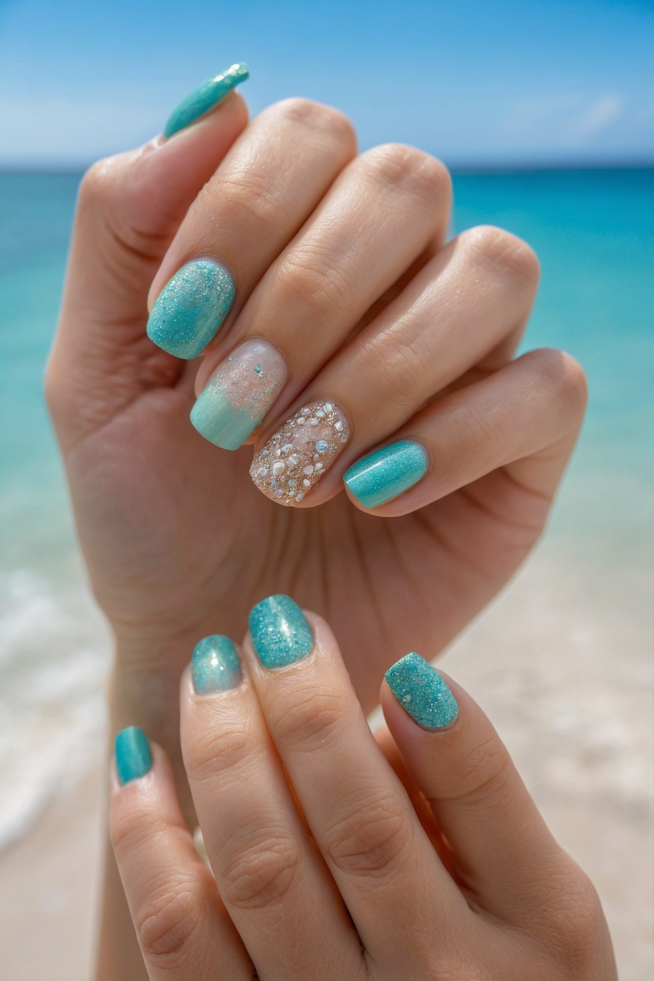 Glittering Teal Nails on a Sun-Drenched Shore