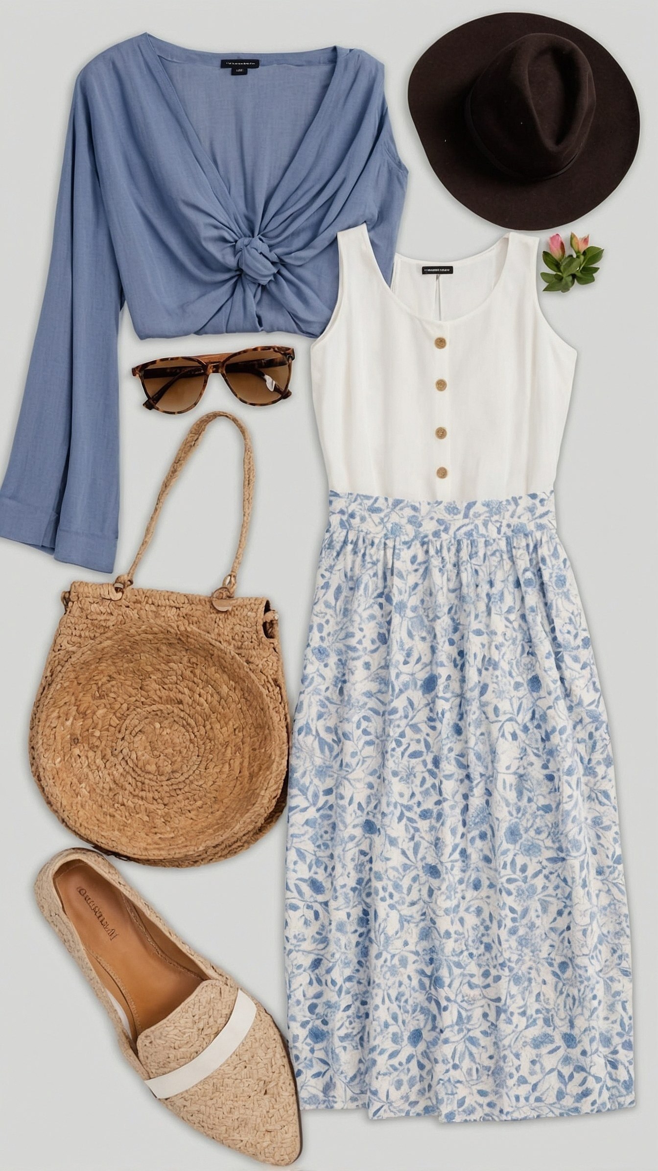 A blue gauze top with a knot detail