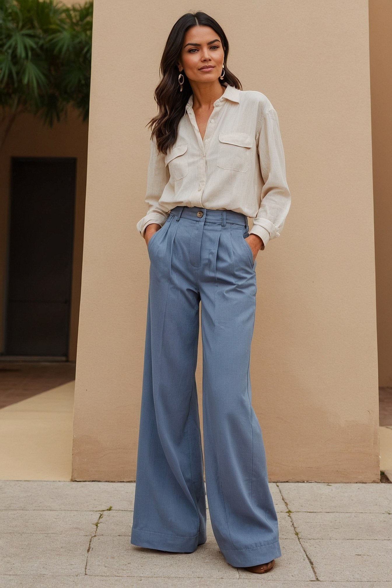 Soft fabric drape of wide-leg trousers
