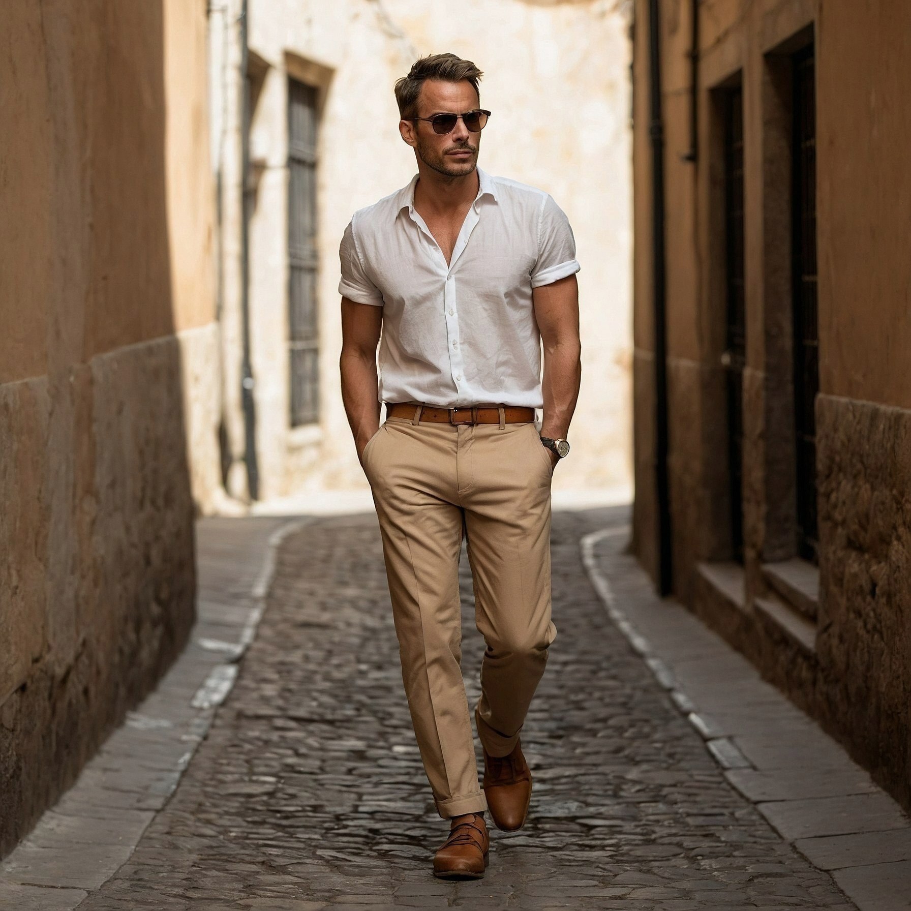 Crisp Linen and Earthy Tones on Cobblestones