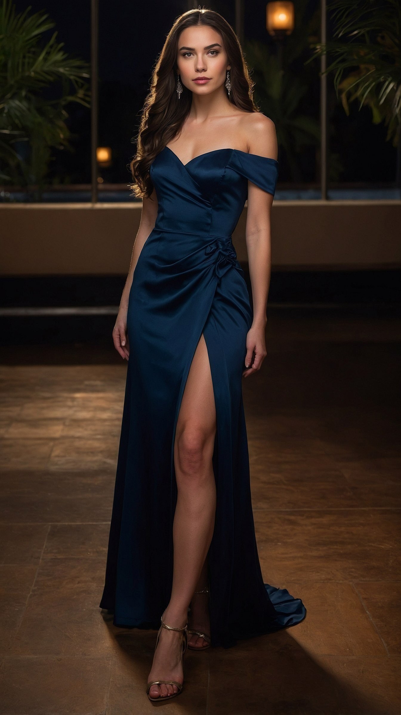 Off-the-shoulder navy satin gown with high slit