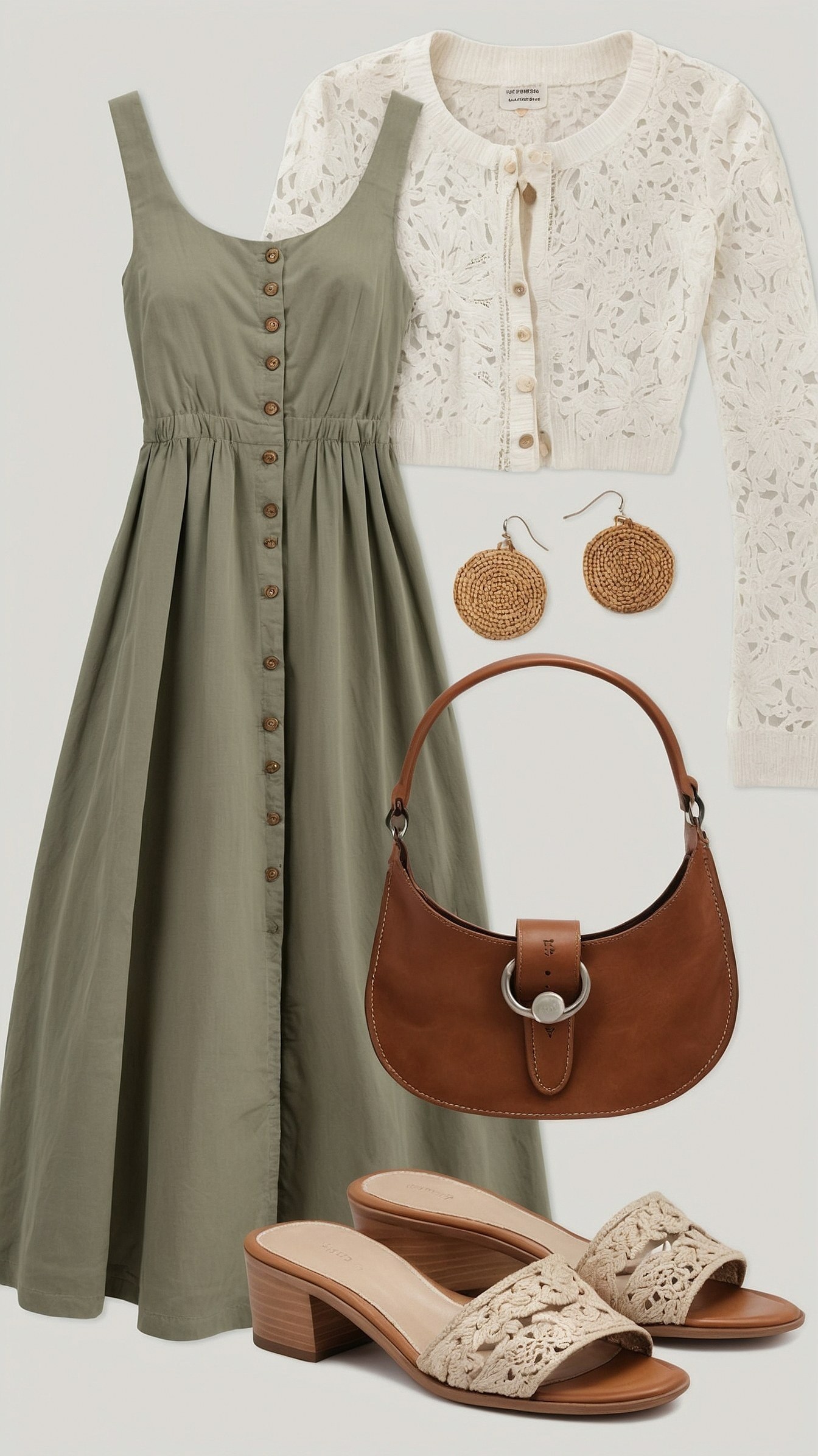 Sage Green Dress with Lace Cardigan and Woven Accessories