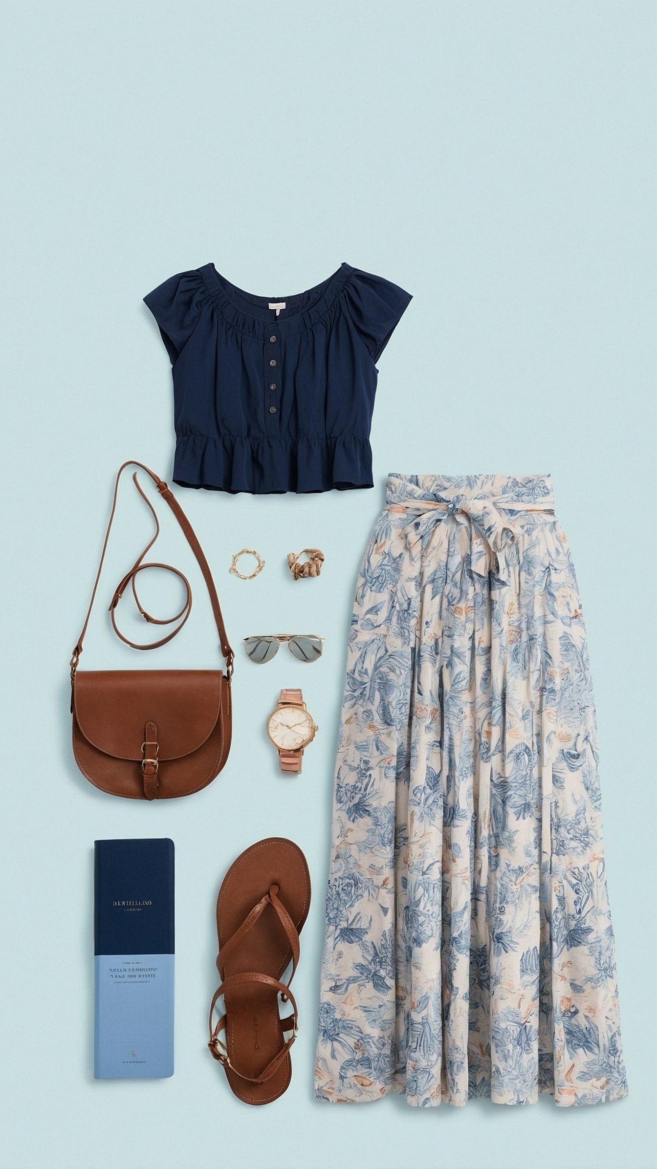 Navy blouse with flowing botanical skirt