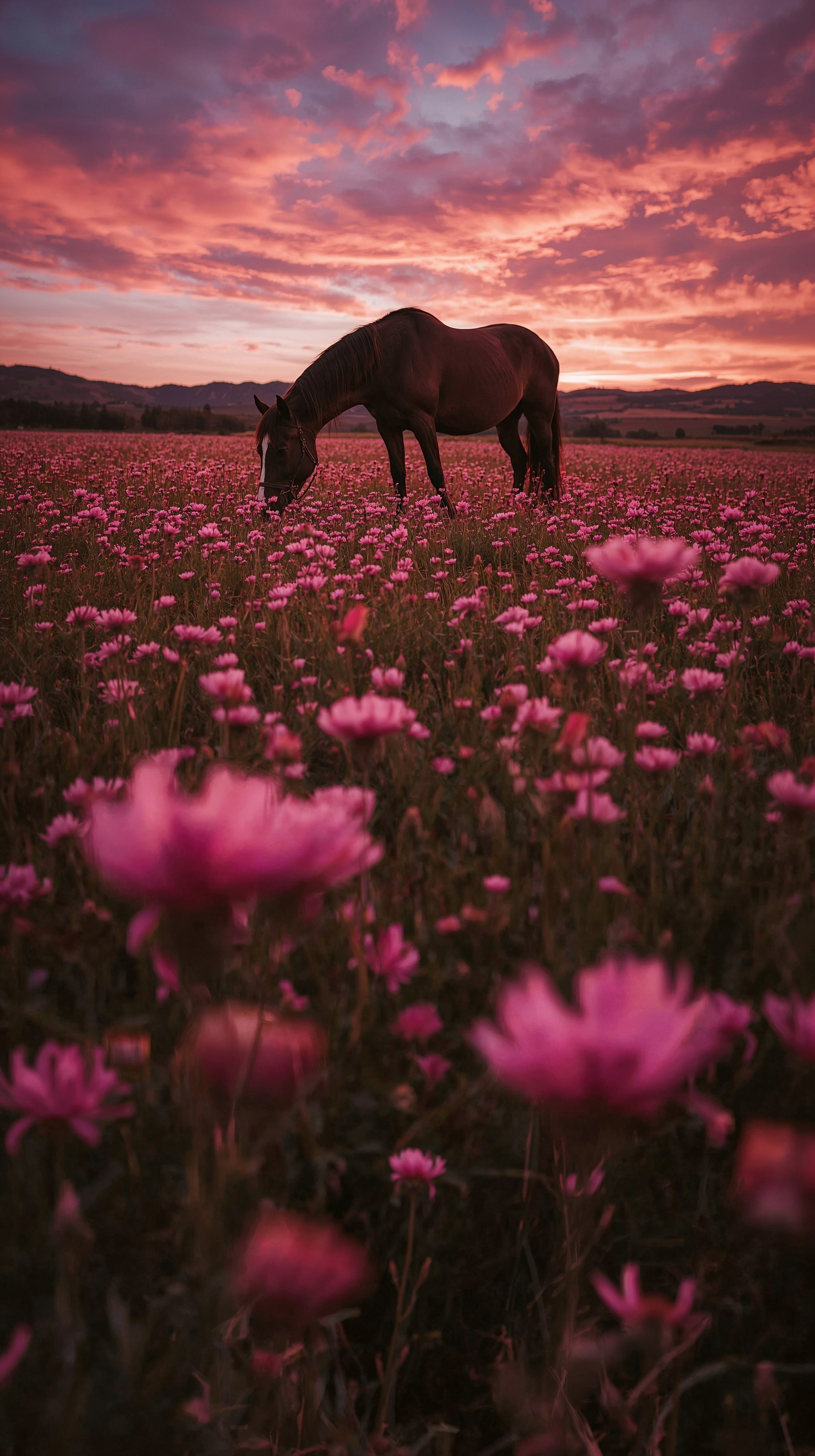Horse grazes amidst a sea of pink petals