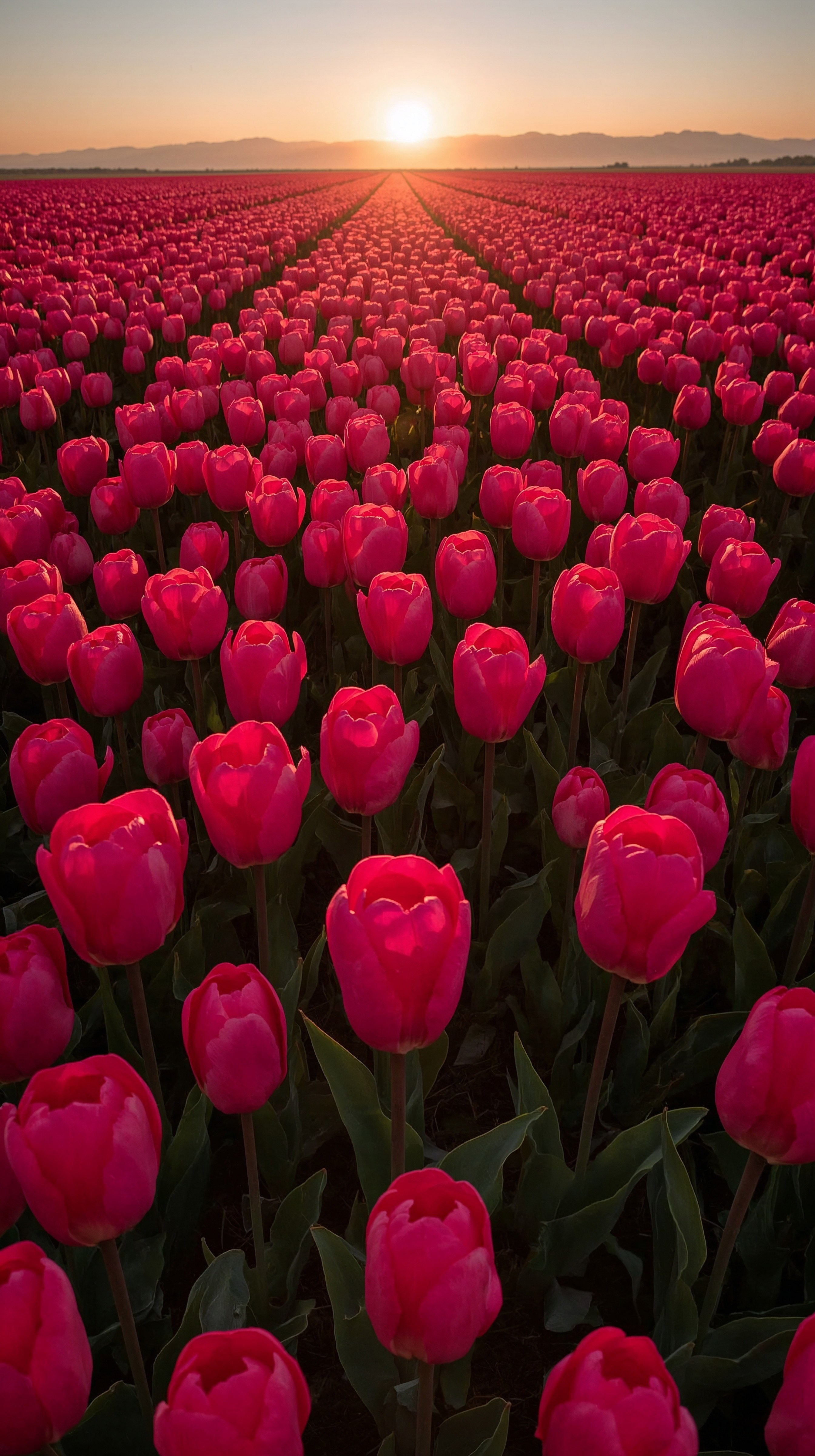Vast Field of Deep Pink Tulips at Sunset