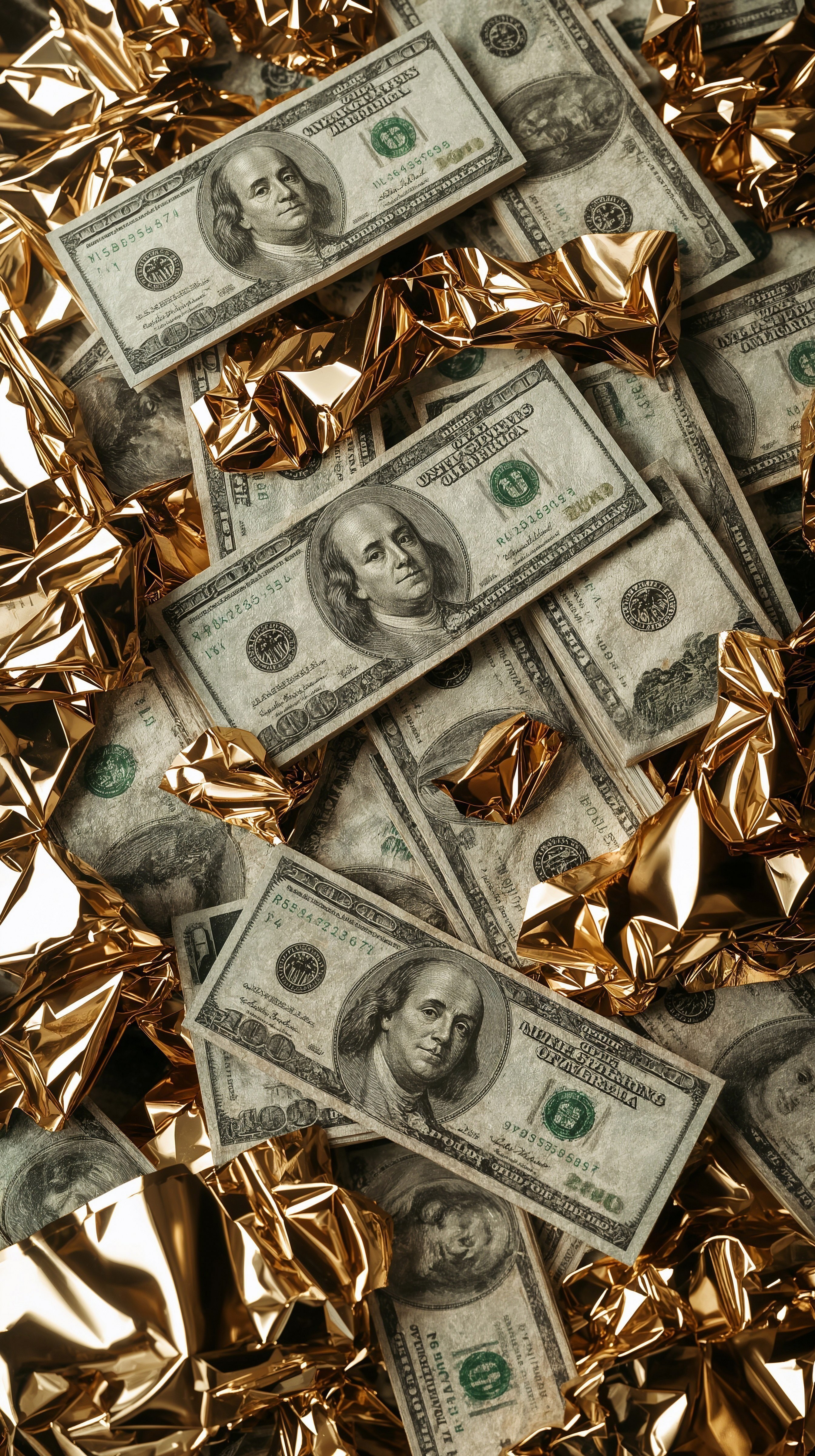 A Pile of 100 Dollar Bills and Gold Foil