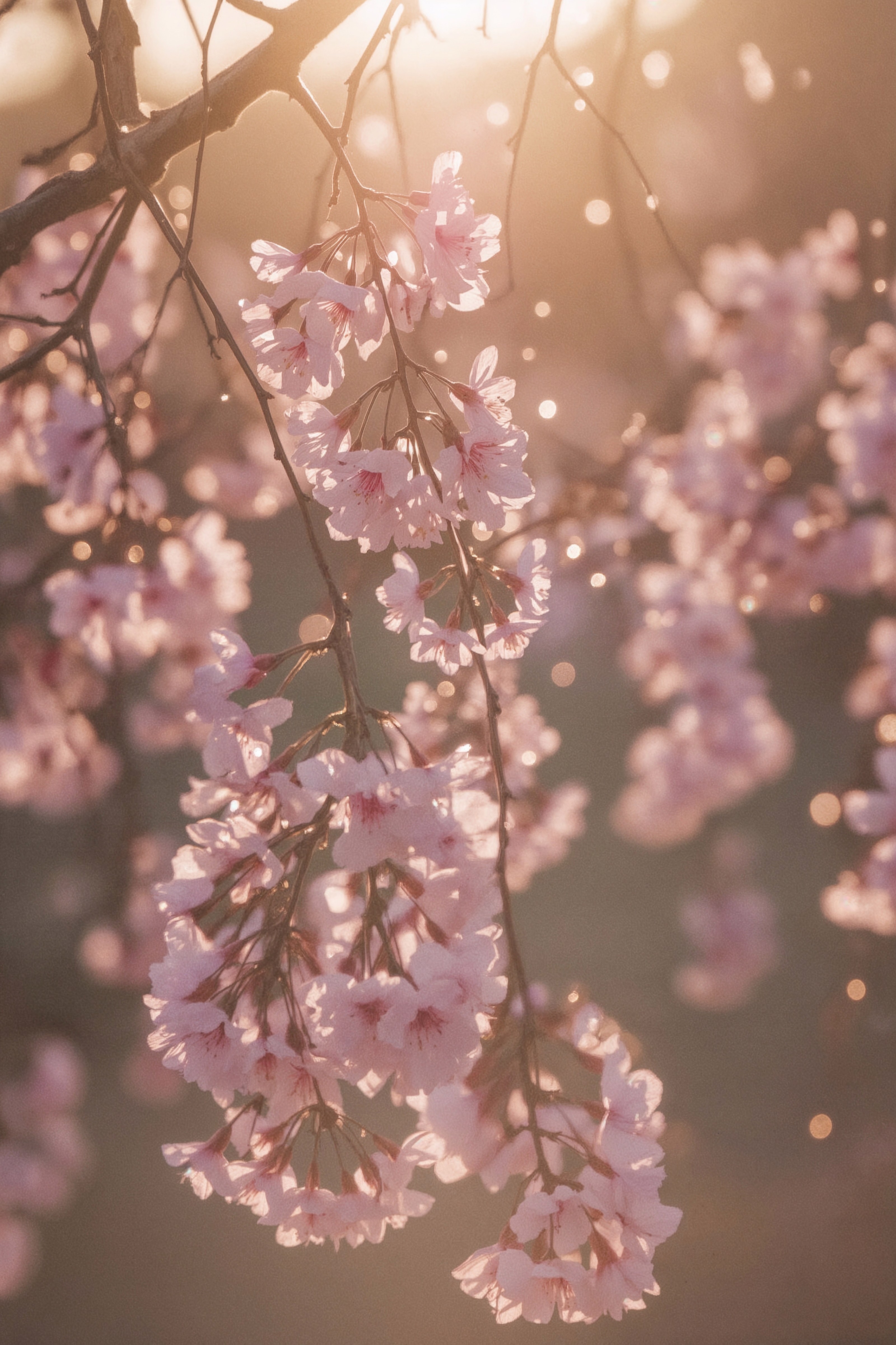 Soft pink blossoms catch the light