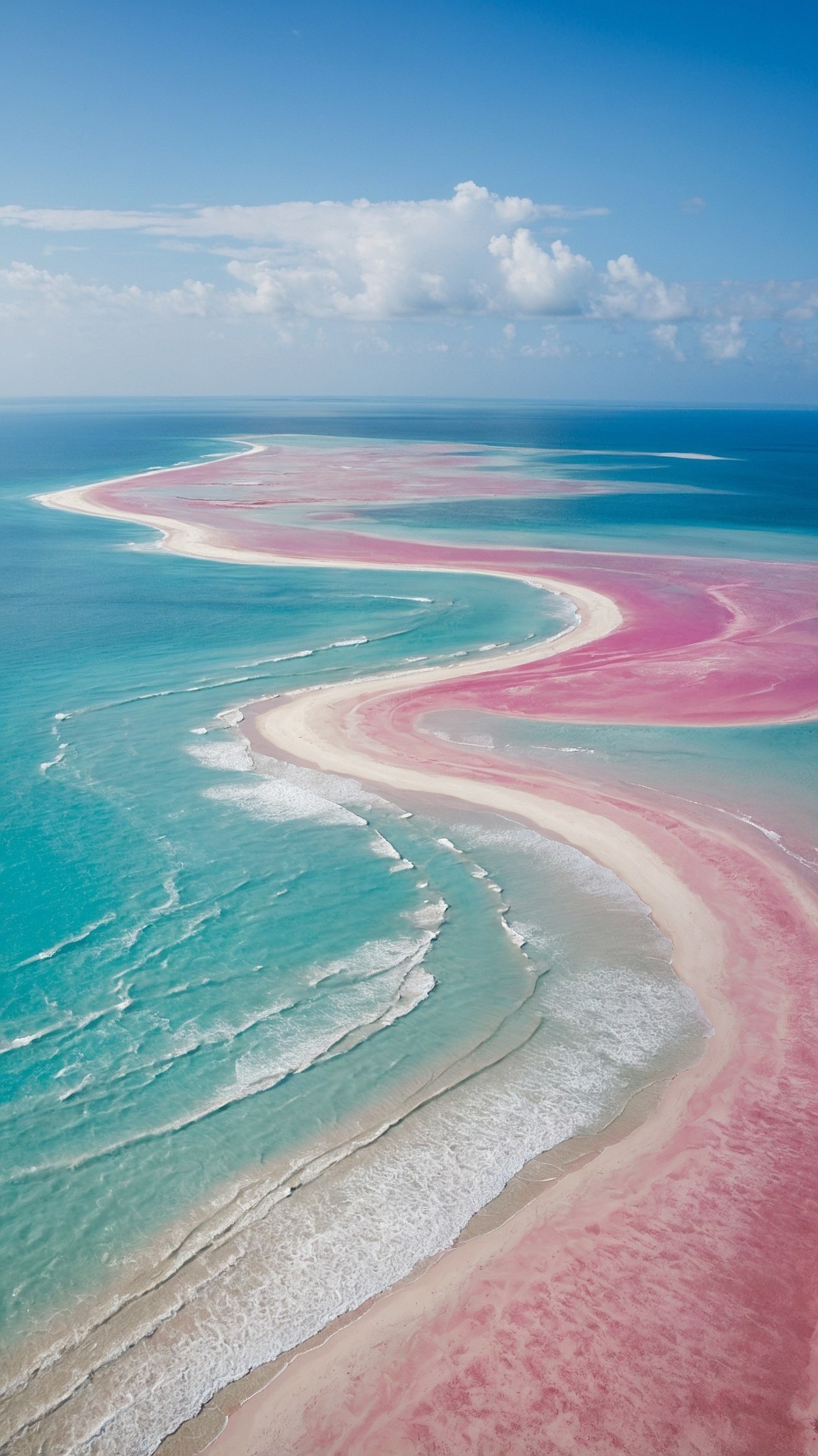 Pink and Blue Waters Meeting on a Sandy Shore