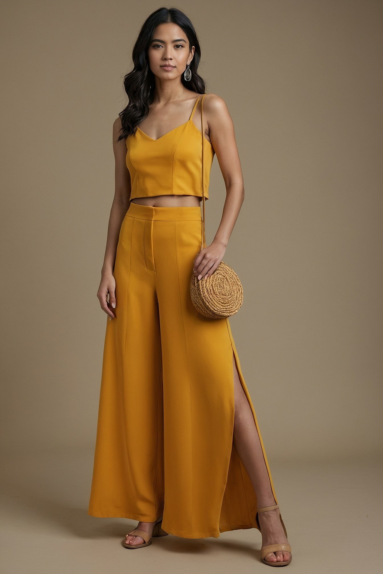 Wide-Legged Pants and Crop Top in Golden Hues