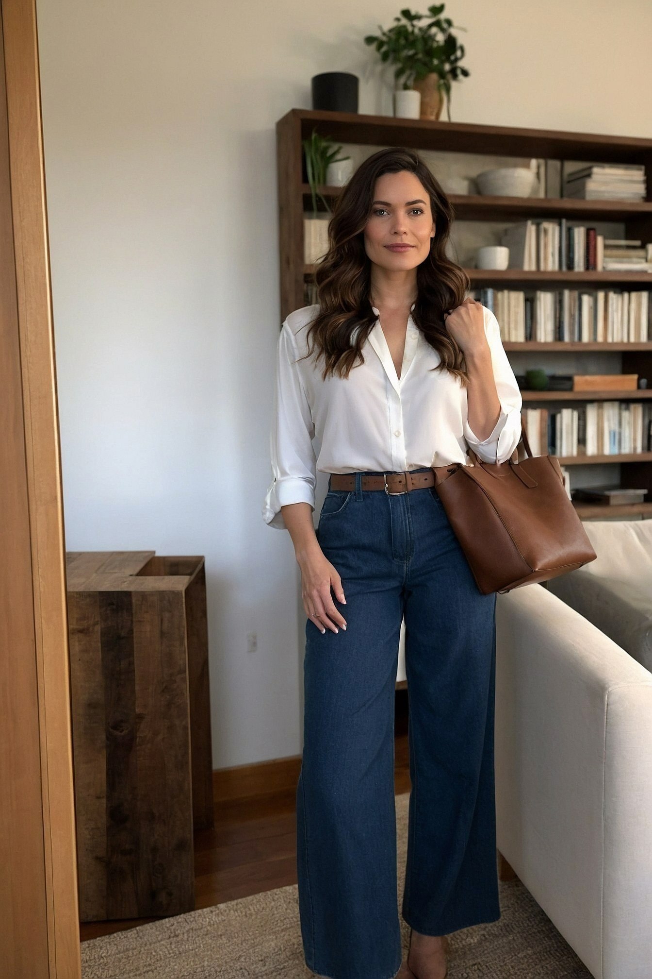 Crisp white shirt meets wide-leg denim