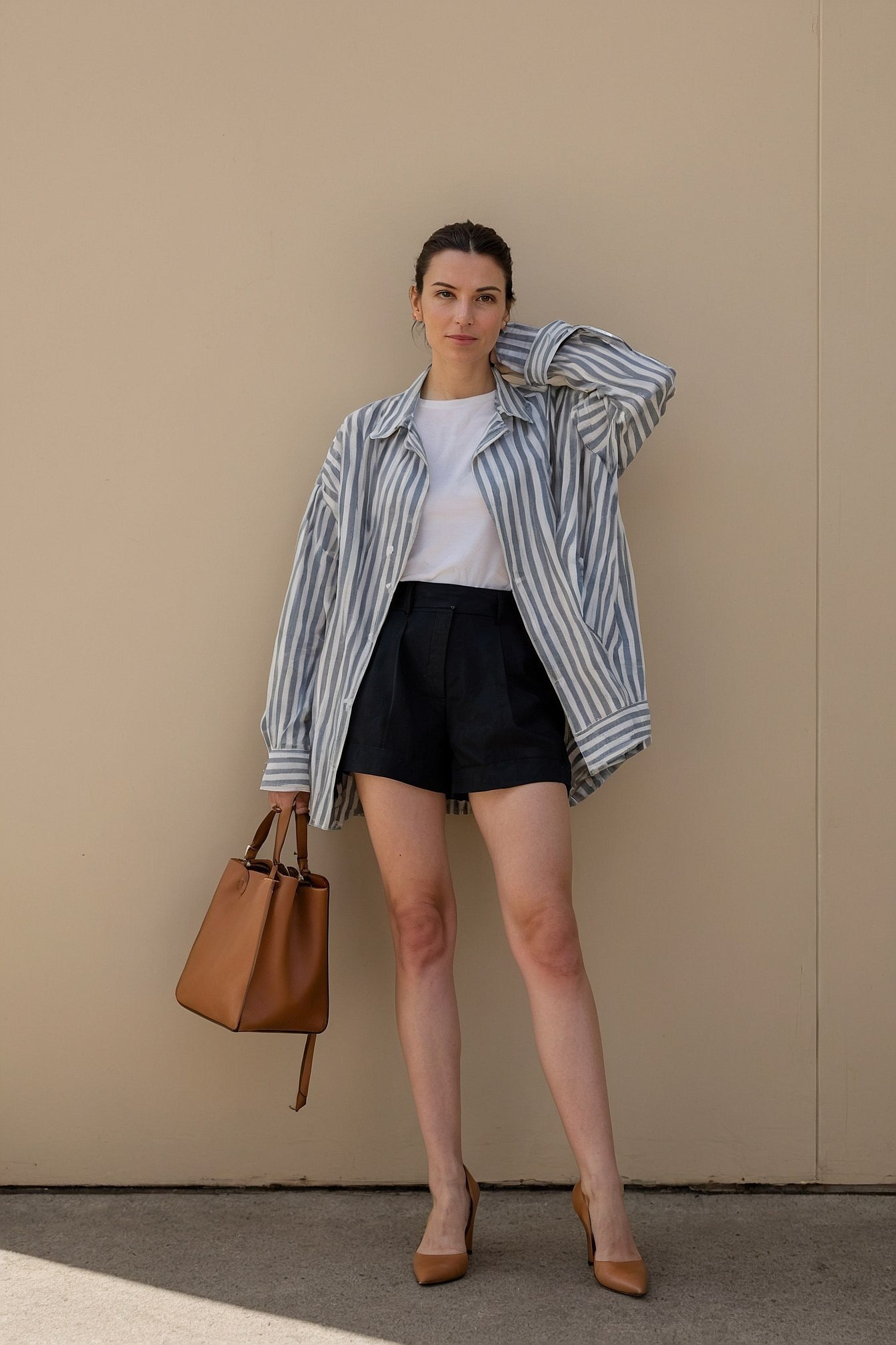 Loose Cotton Stripes Over Tailored Shorts