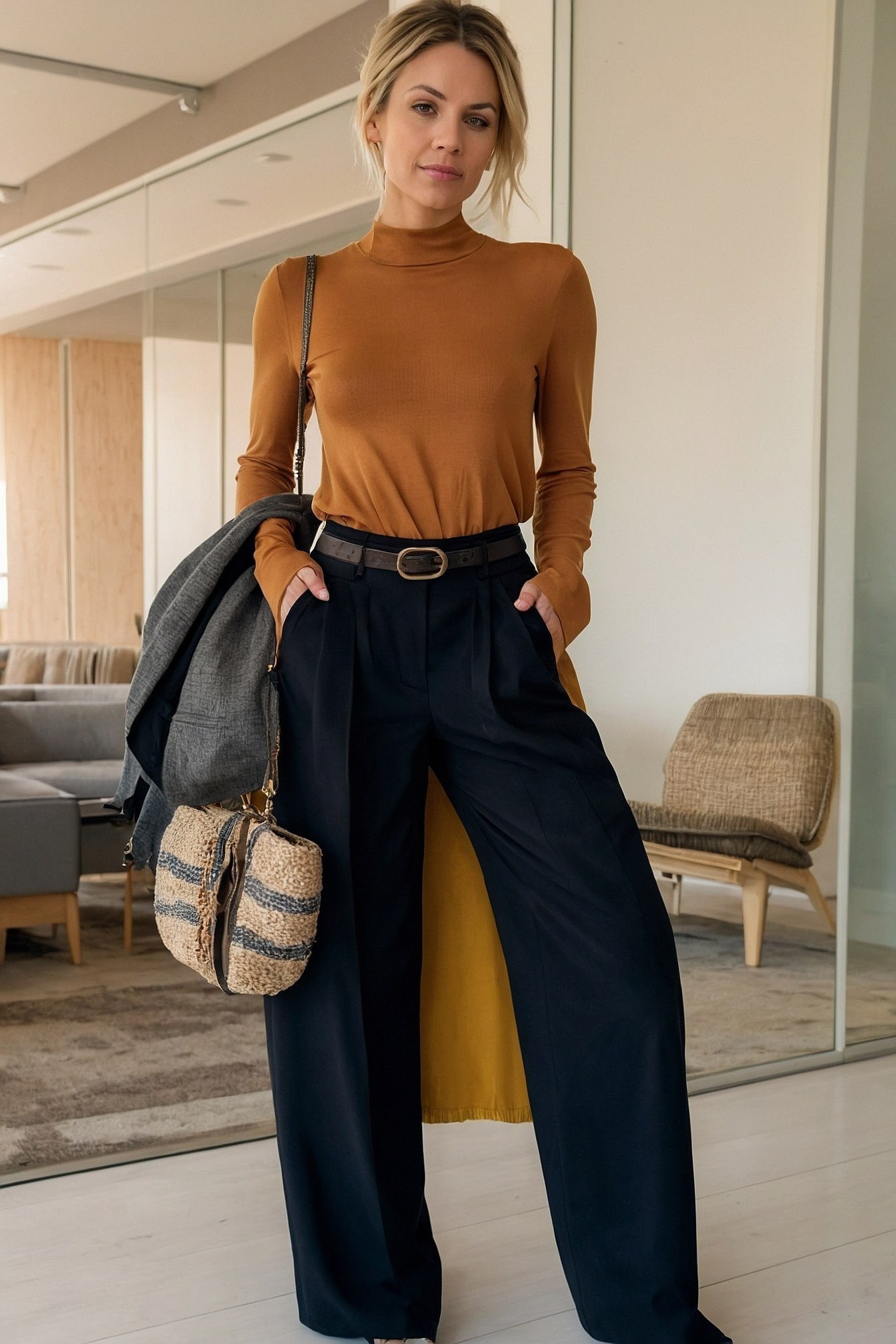 Camel turtleneck and flowing navy trousers
