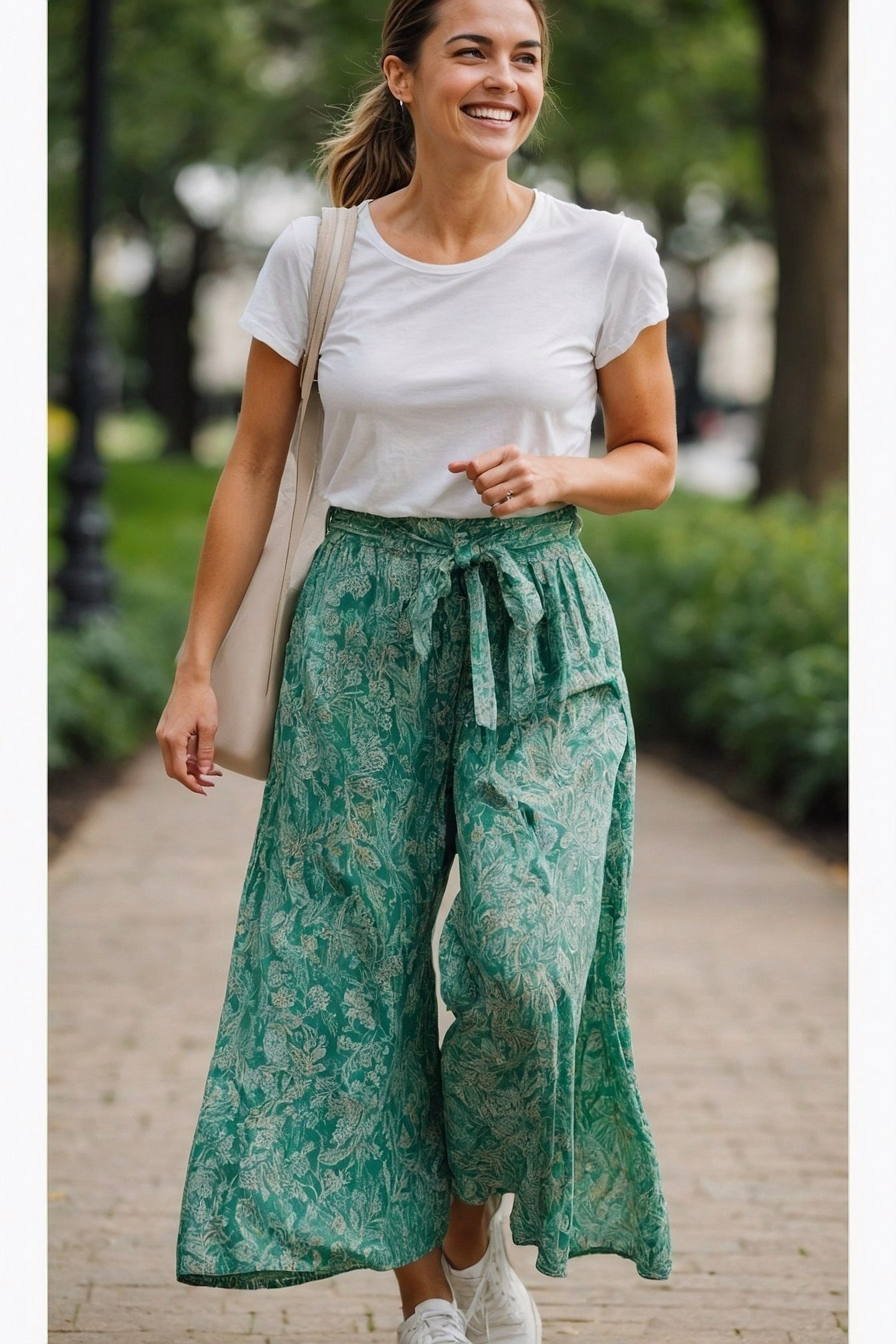 Green floral palazzo pants with a white tee and tote