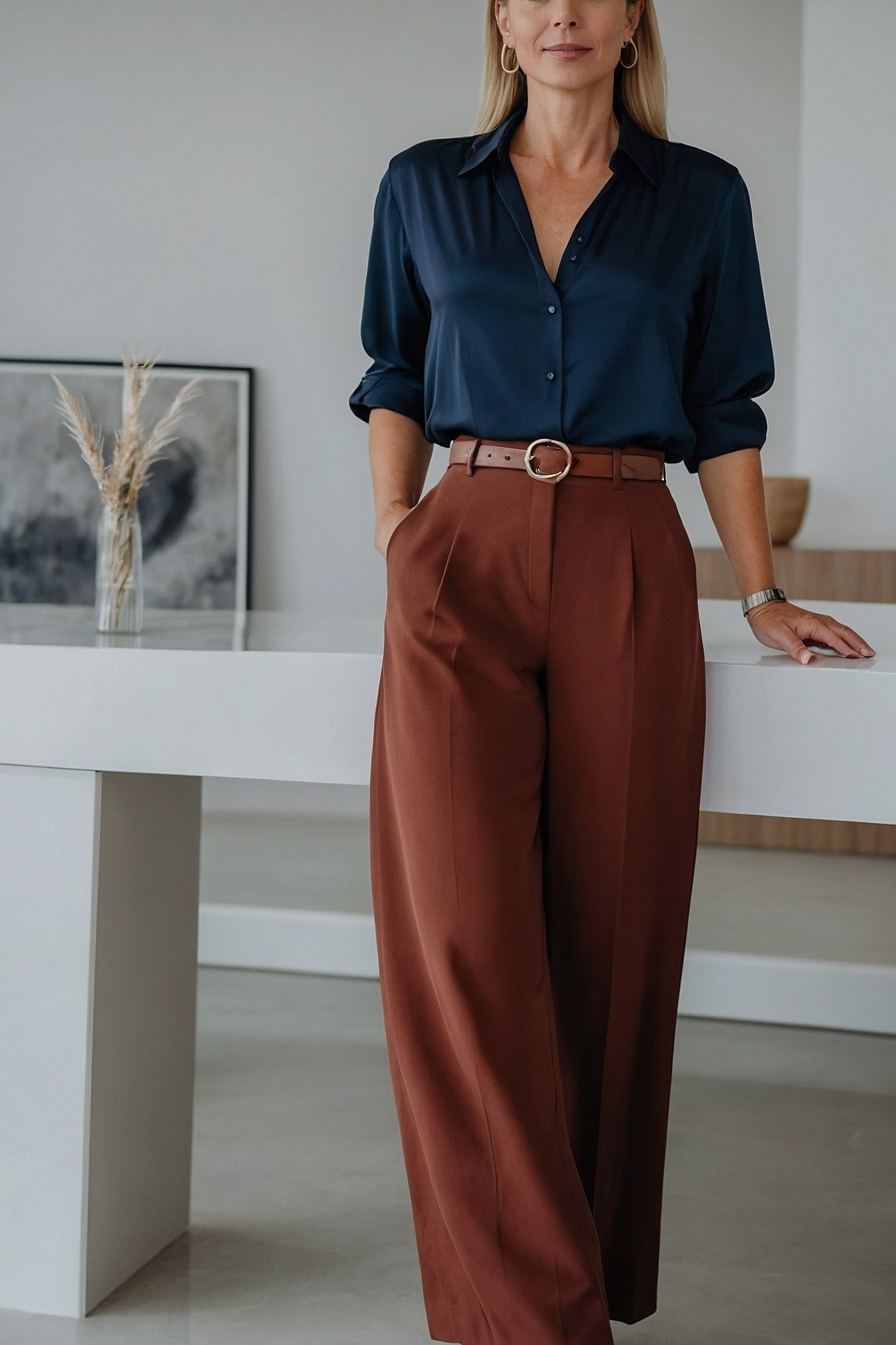 A deep navy satin blouse drapes beautifully.