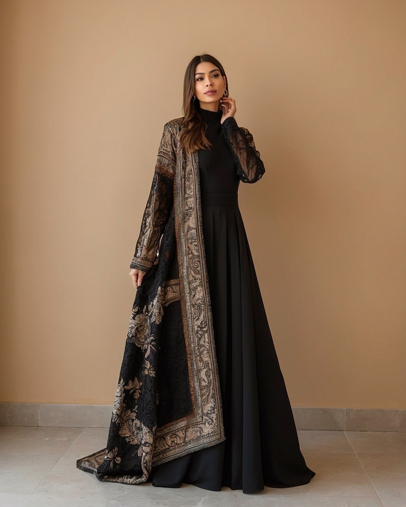 Textured Brocade and Flowing Black Gown