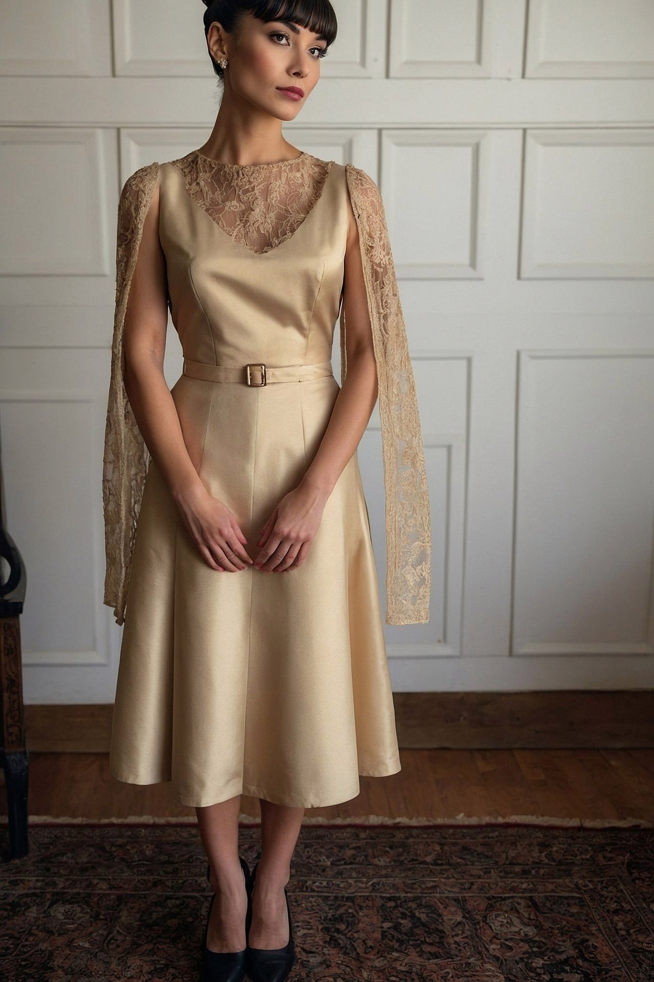 Golden satin gleam meets delicate lace sleeves