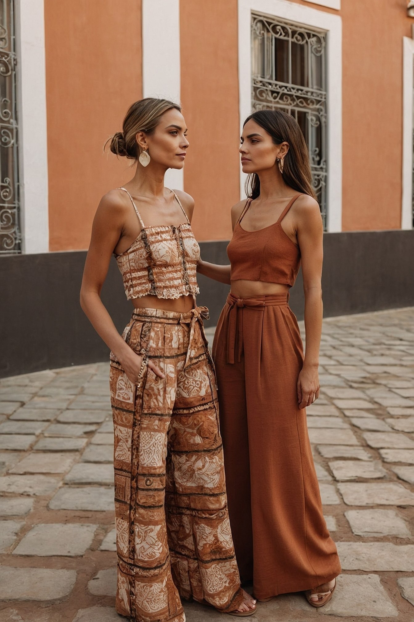 Printed Wide-Leg Pants and Smooth Sepia Trousers