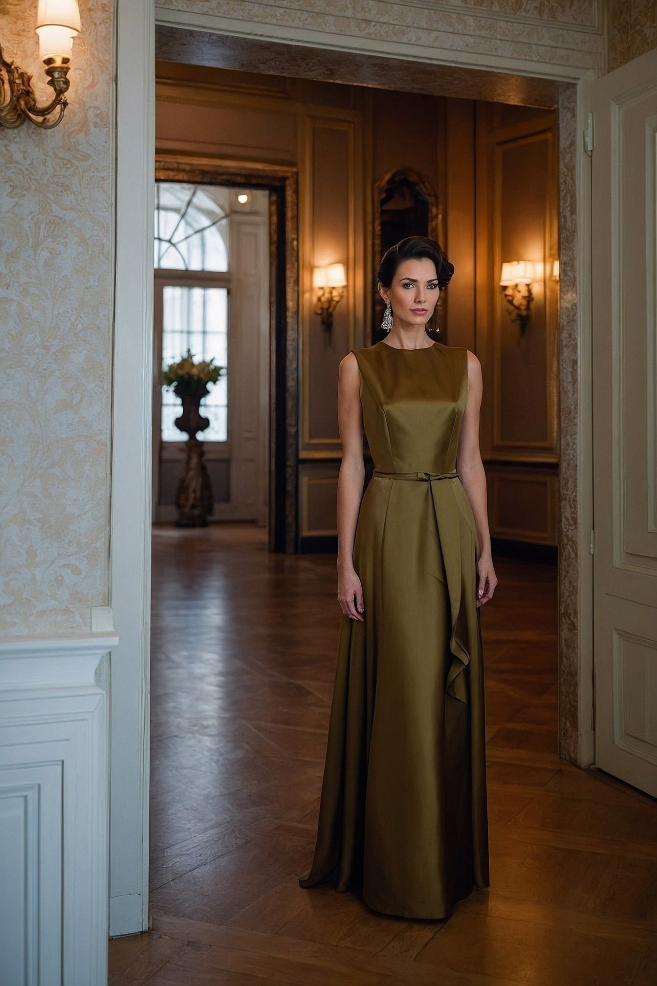 Satin Gown's Deep Olive Hue Catches the Light