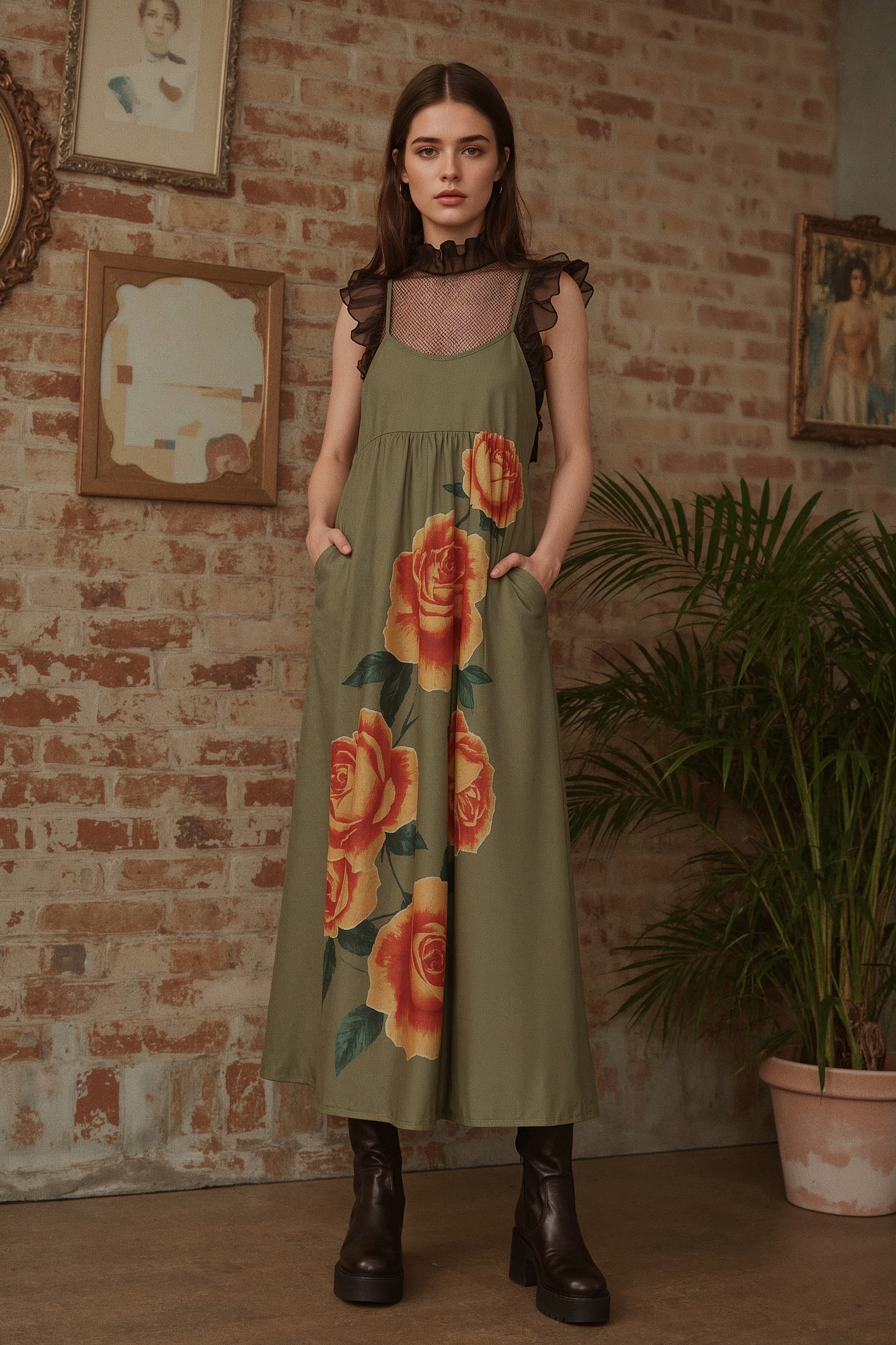 Olive Green Maxi Dress with Bold Rose Print