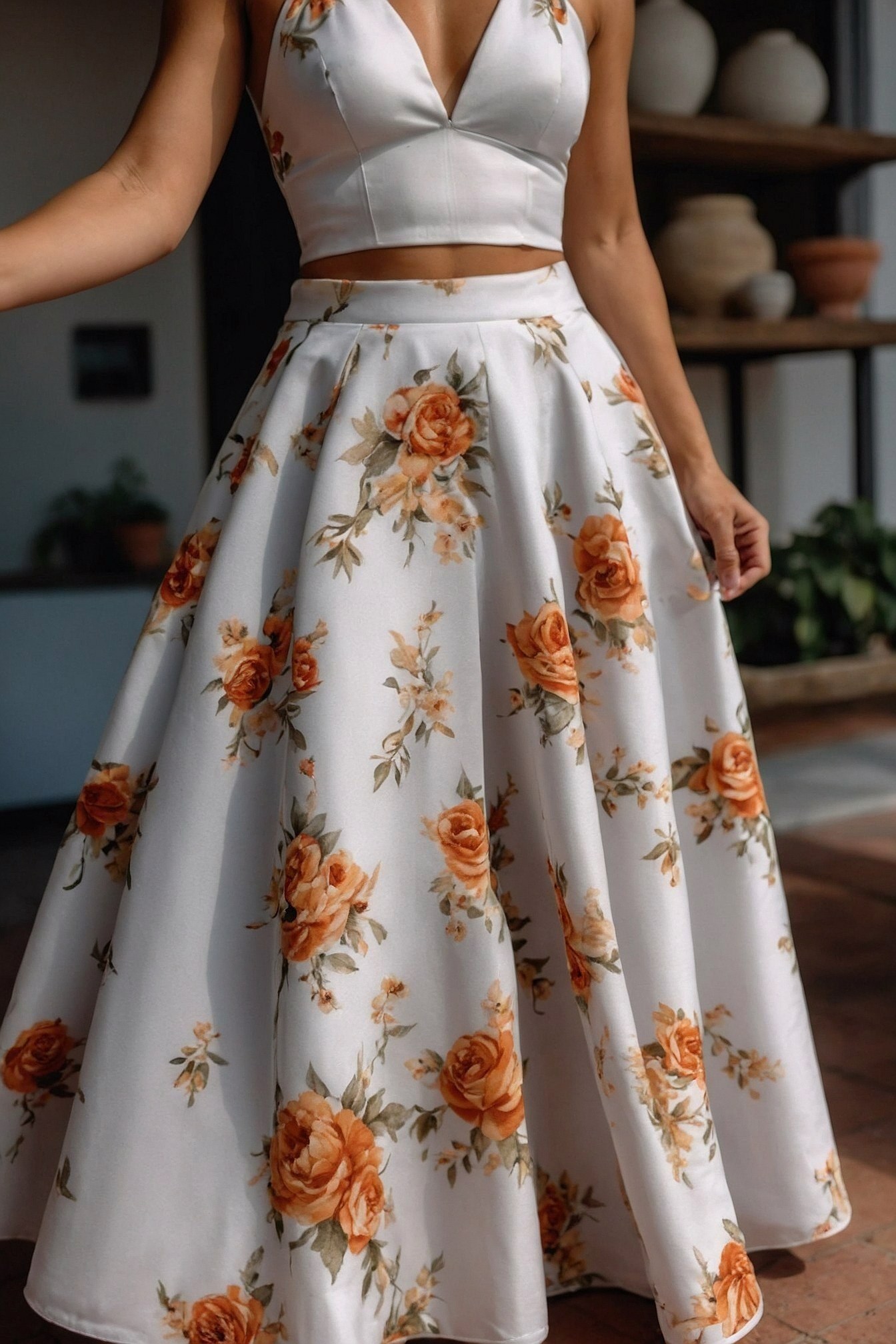 Orange floral print skirt with a white crop top