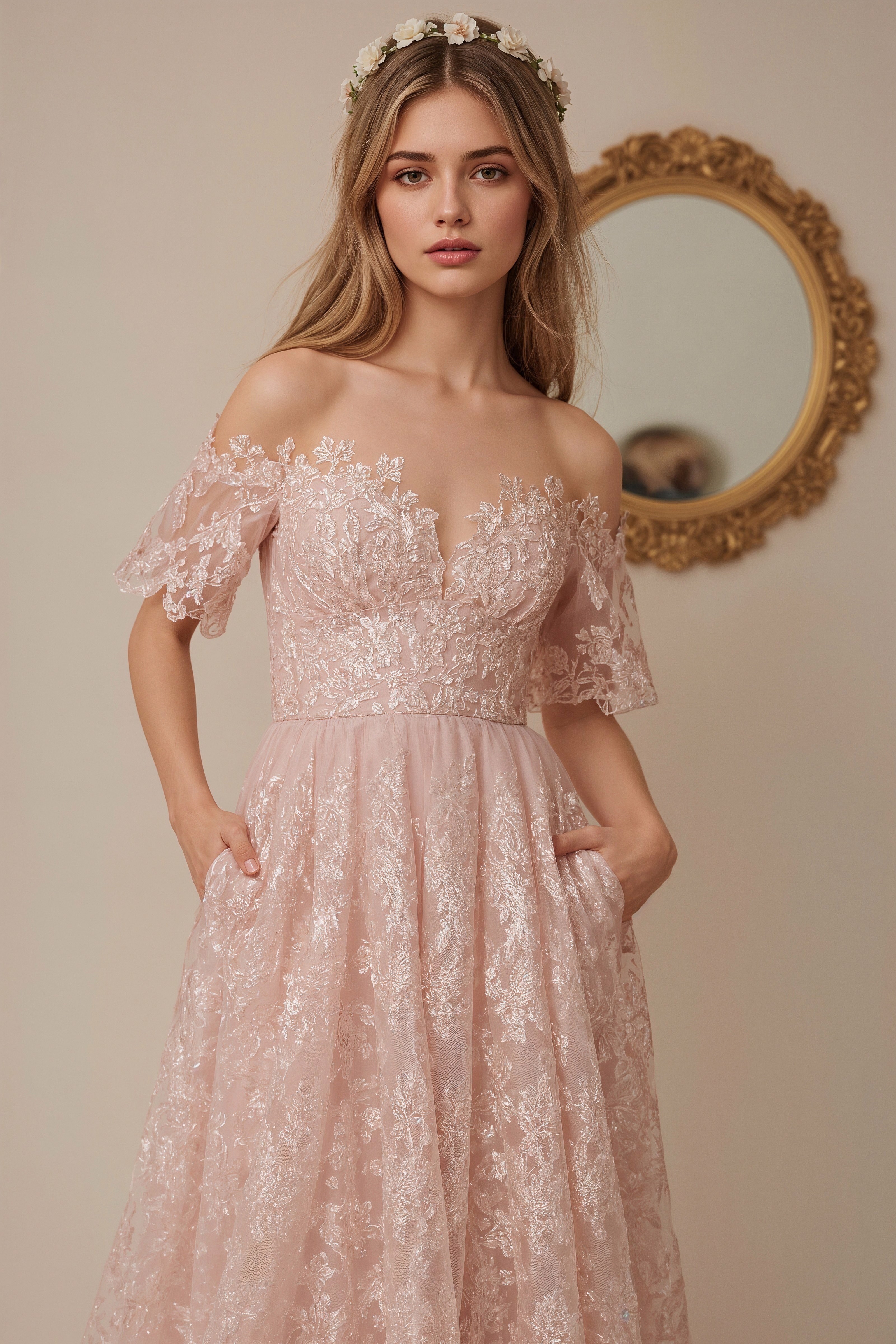Blush lace overlay on a soft A-line dress