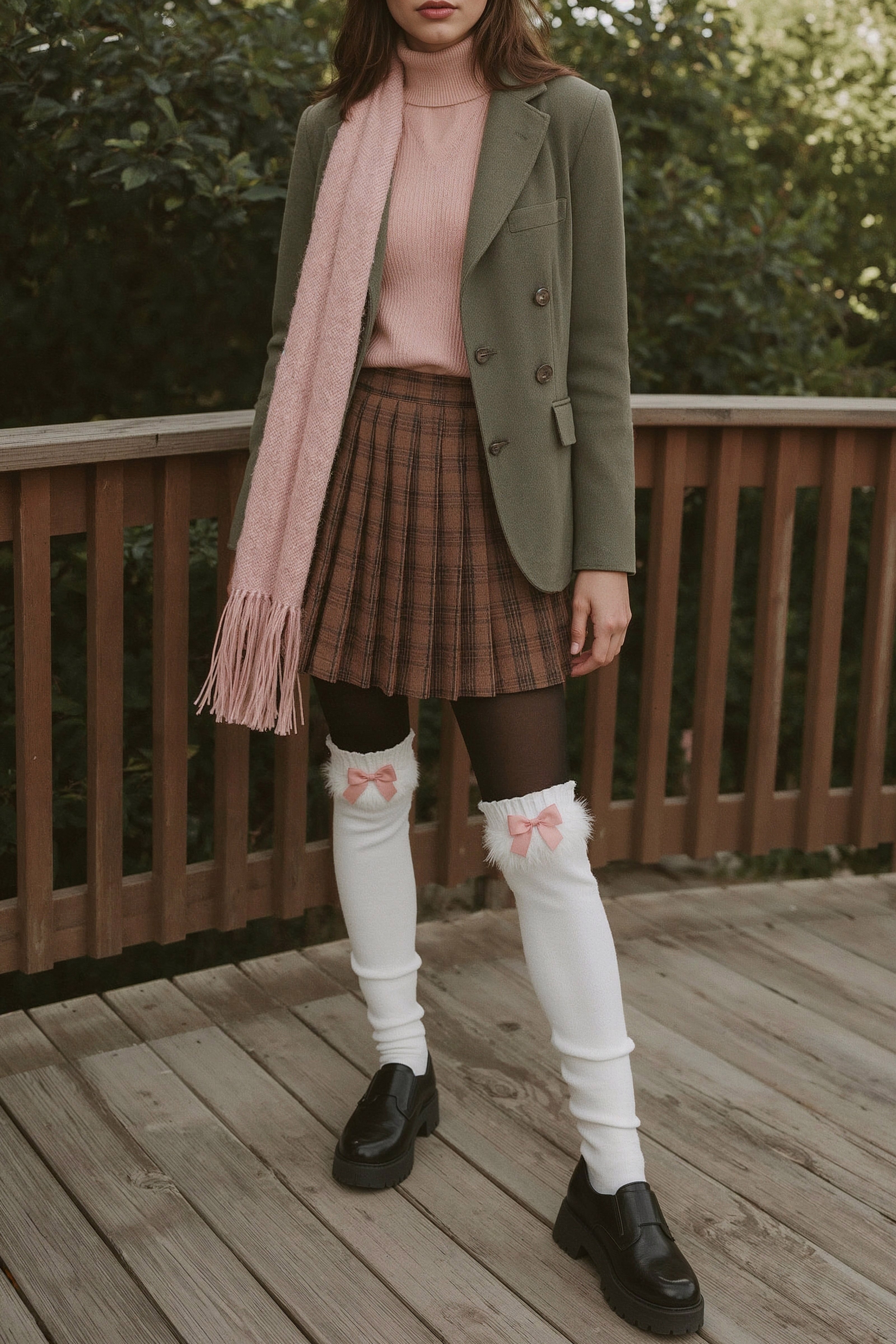 Plaid Skirt and Textured Scarf Ensemble