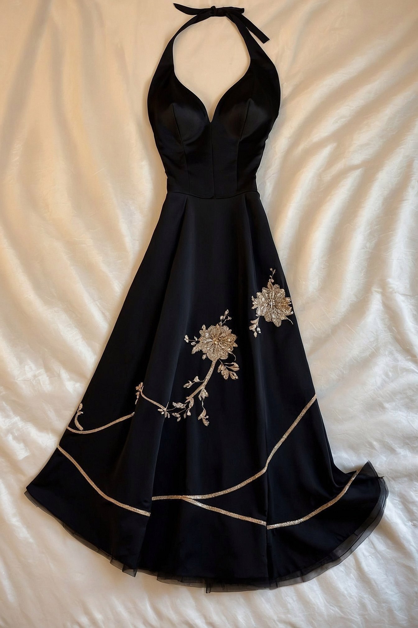 Black halter dress with gold floral embroidery