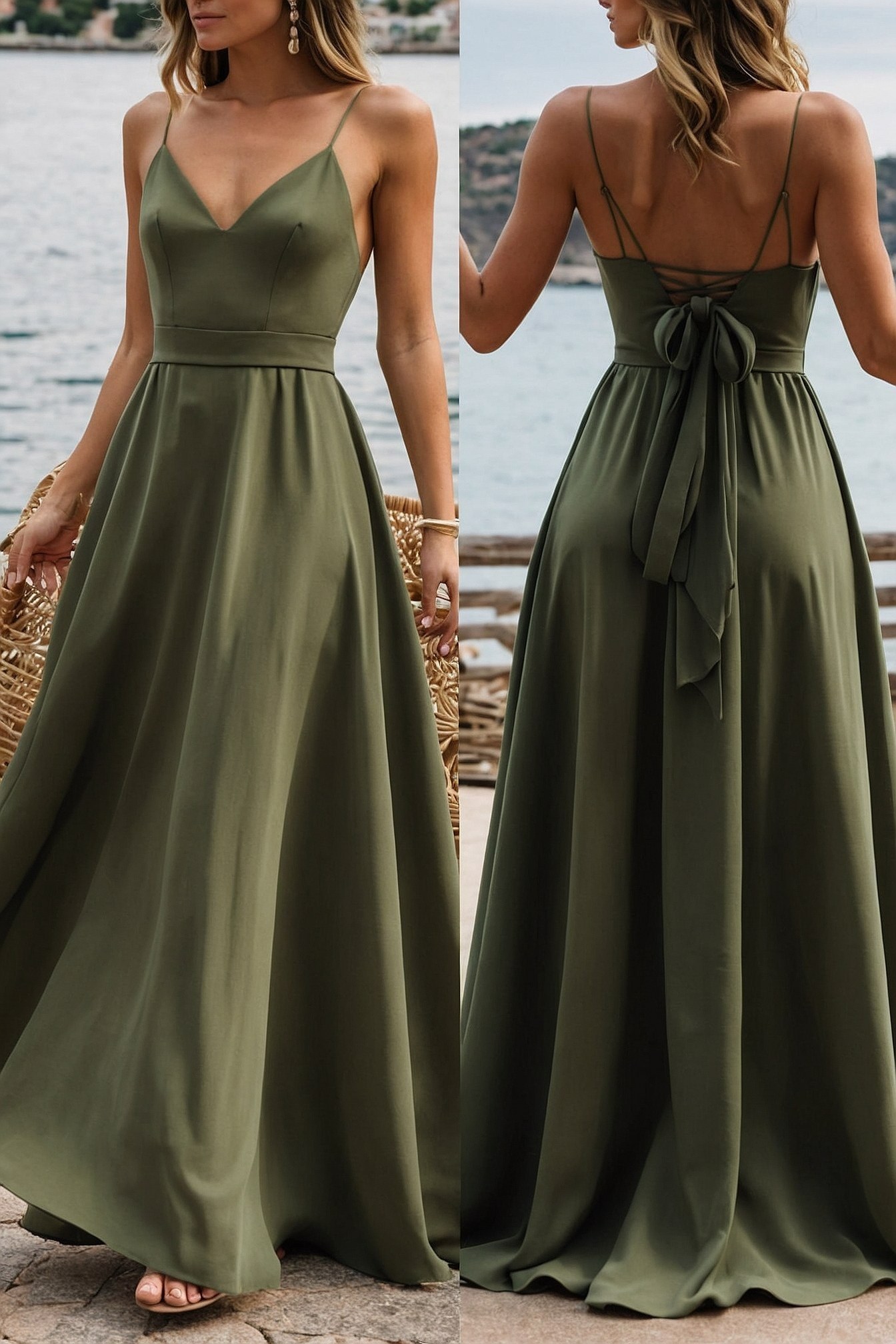 Olive Green Maxi Dress with Delicate Straps and Bow