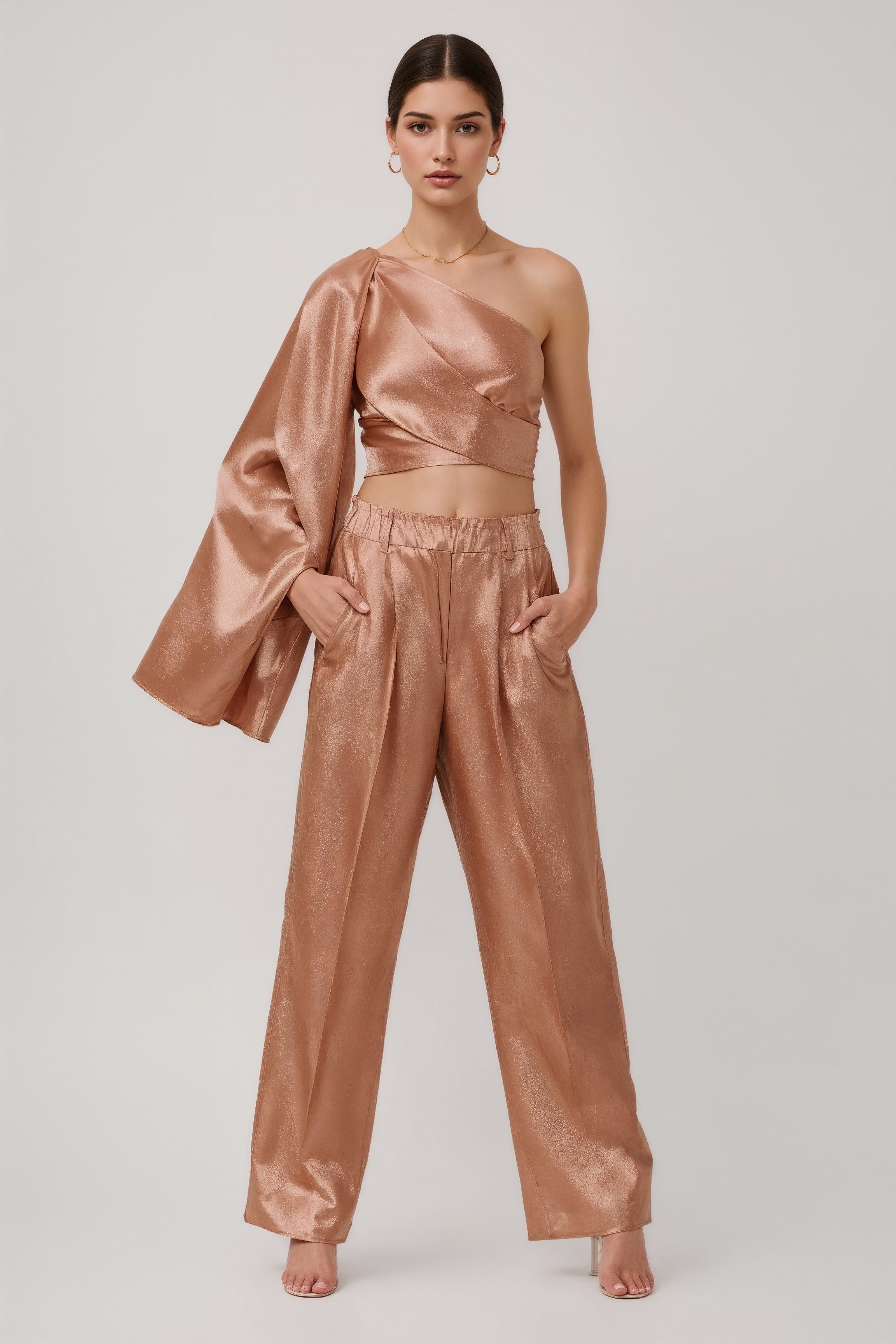 Shimmering One-Shoulder Top and Wide-Leg Pants