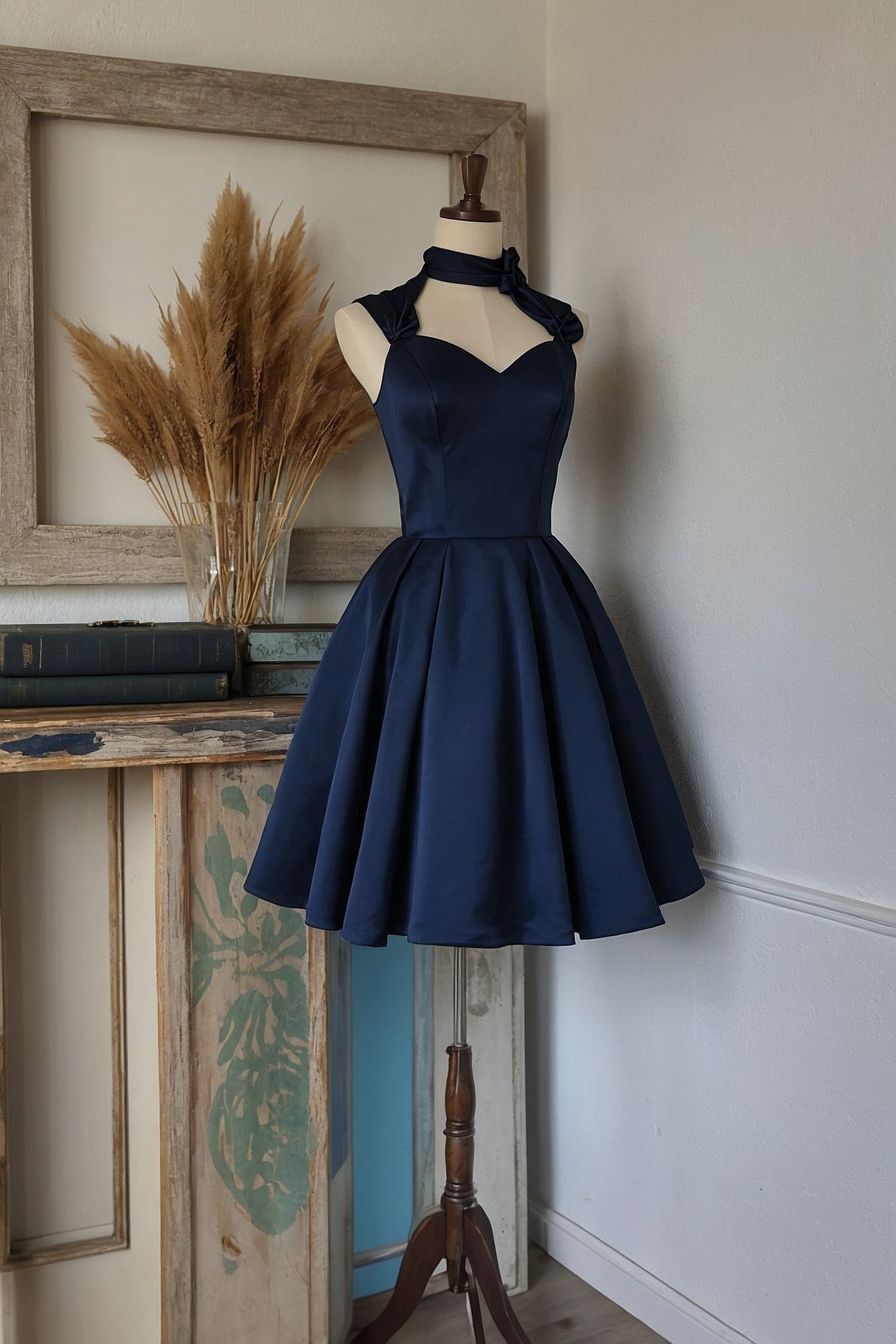 Navy Satin Dress with Sweetheart Neckline