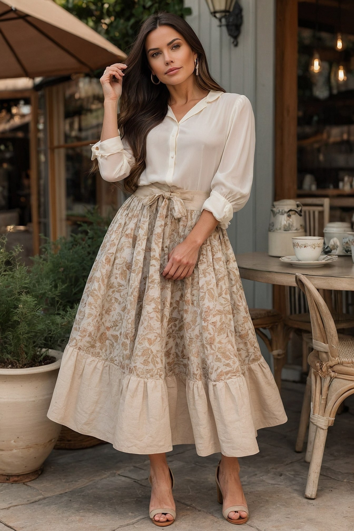 The soft drape of a printed gauze skirt